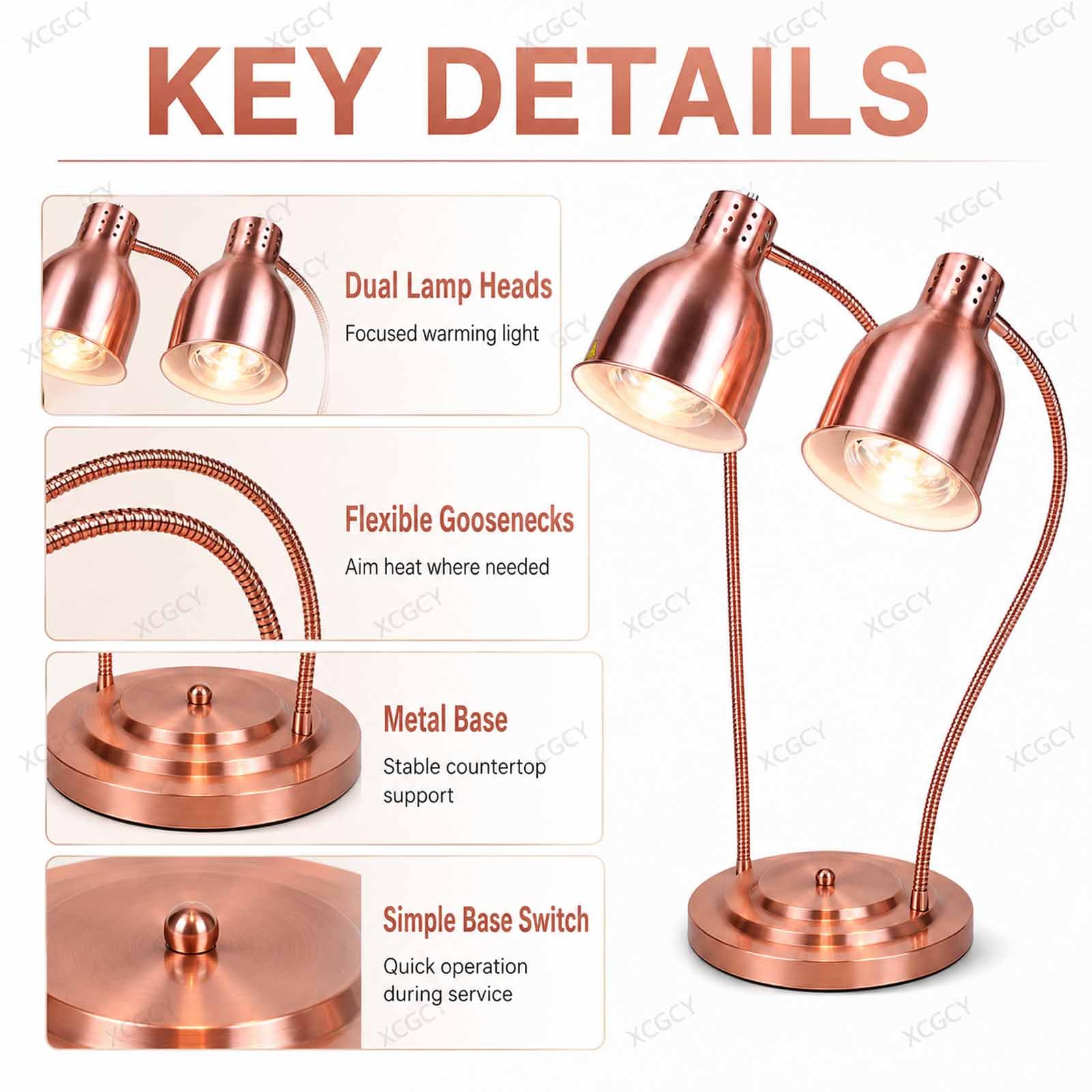 Lámpara De Mesa Térmica Infrarroja Comercial De 500 W con Doble Cabezal, Lámpara De Calor para Alimentos, 2 Bombillas 250 W, Cabezales 360° para Buffet, Catering Y Restaurante Rose Gold