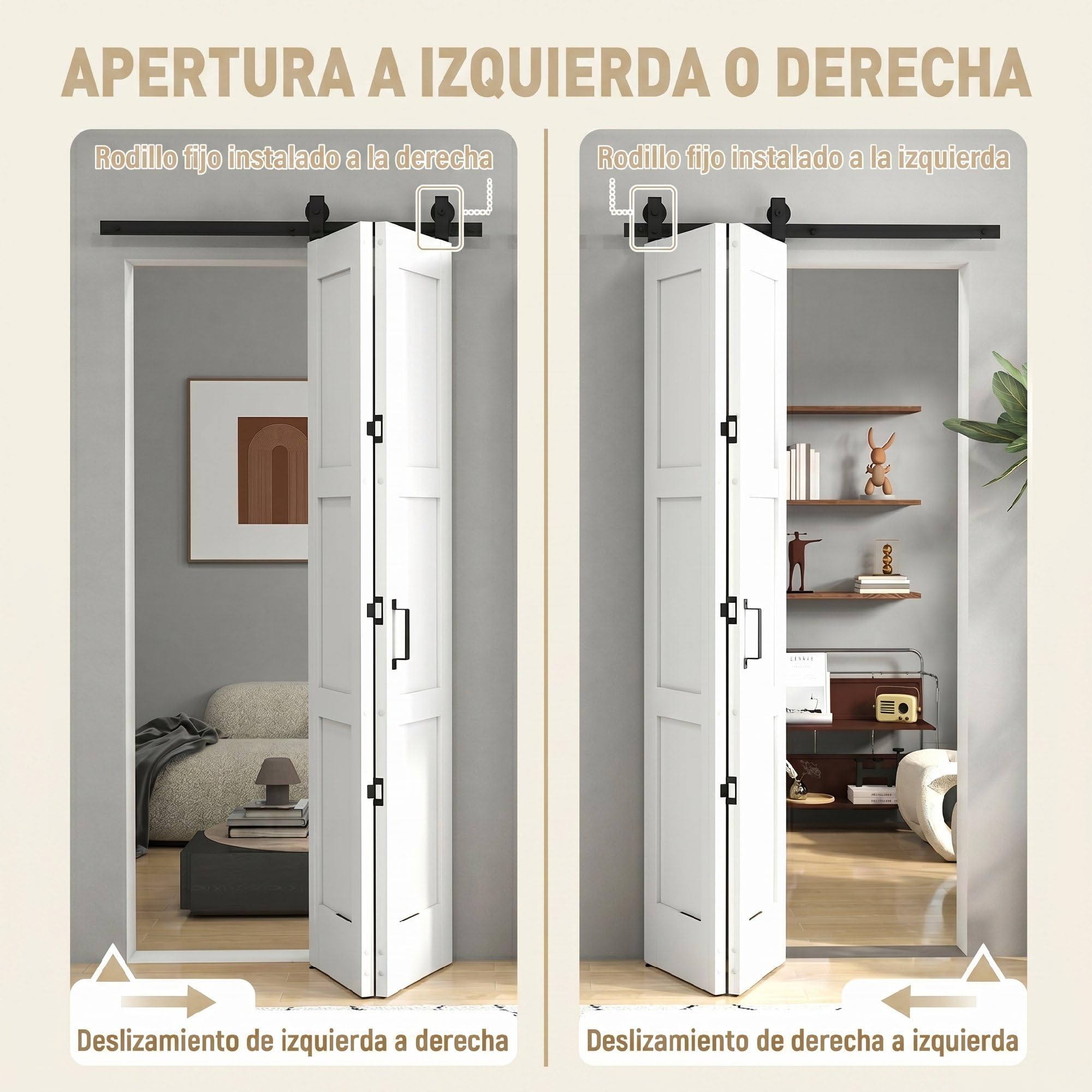HOMCOM Puerta Corredera Plegable con Herrajes 91,4x213,4 cm, Puerta Corredera Interior con Rodillo, Riel de Acero, Guía de Suelo, Manija, para Baño, Salón, Sala de Estar, Blanco
