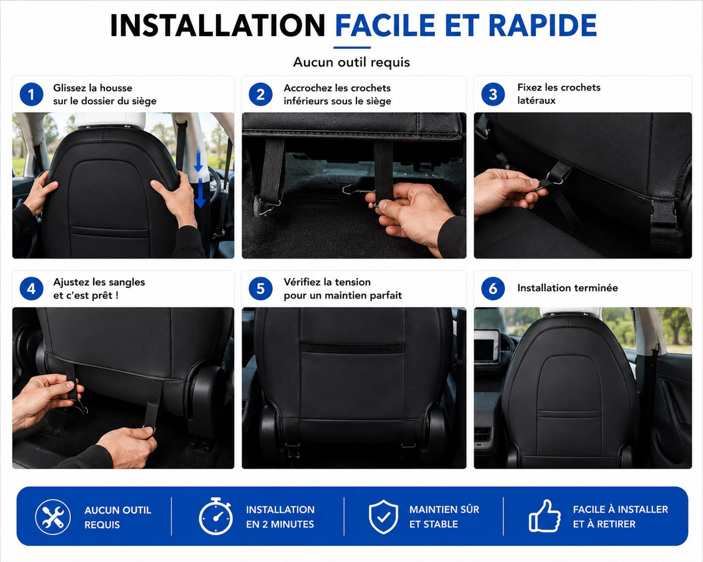 Générique Lot de 2 Housses en Cuir de Protection Dossier de siège Avant Compatible Tesla Model Y et 3 (Noir)