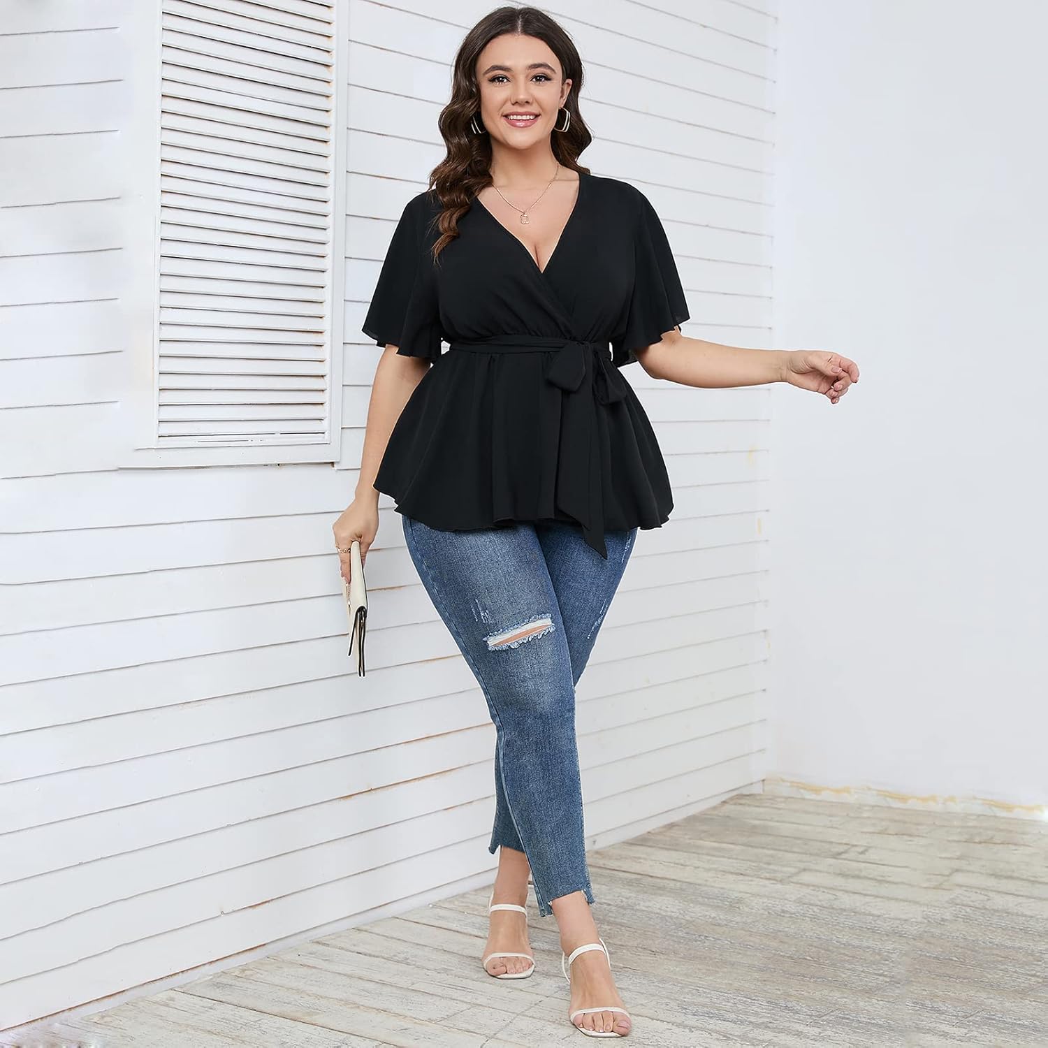 SCOMCHIC Women's Plus Size Short Sleeve V Neck Wrap Belted Ruffle Peplum Blouse Tops - Image 5