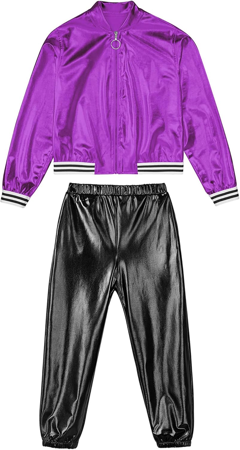 Kids Hip Hop Dance Costume Metallic Bomber Jacket and Pants Set Jazz Dance Outfit Stage Performance Wear Purple&Black 8 Years