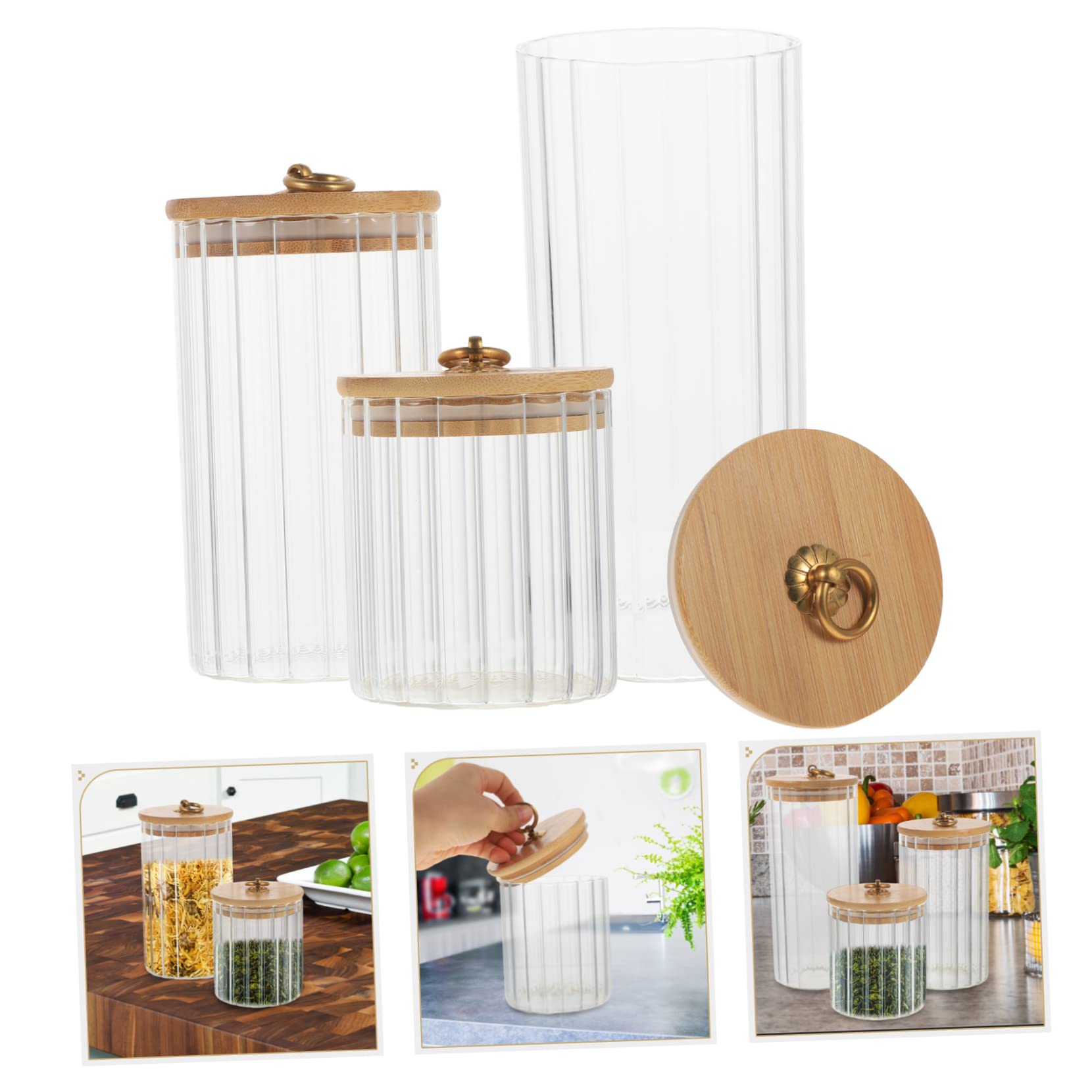 PRETYZOOM Set 3 Contenitori con Coperchio per Alimenti in Vetro Trasparente con Coperchi in Bambù Ermetici per Cucina, Capacità 550ml, 850ml e 1150ml, per Conservare Tè e Spezie
