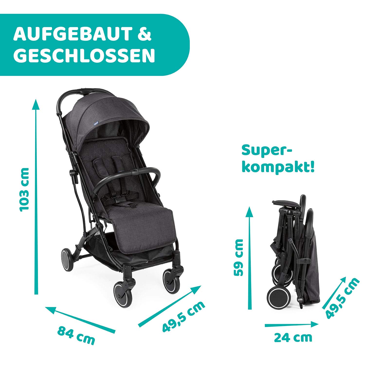 Chicco Trolley me Buggy Einhand-Schließmechanismus Tragegriff Regenschutz schwarz ab Geburt bis 15 kg