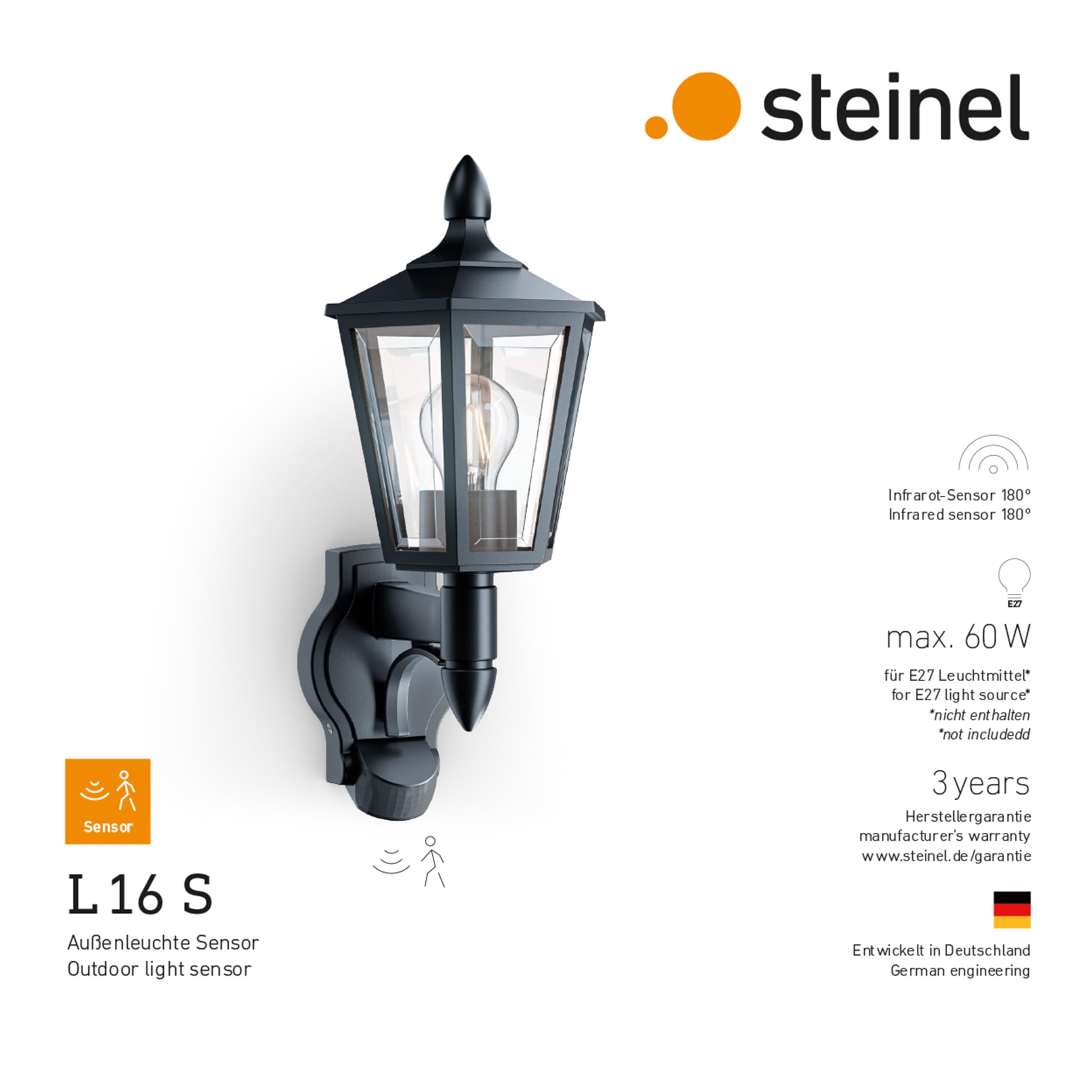 Steinel Außenleuchte L 16 S Schwarz mit Bewegungsmelder – Wandleuchte für Außen, 180° PIR-Sensor bis 10 m, Dämmerungsschalter, IP44 wetterfest, E27-Fassung, Außenbeleuchtung für Haus und Terrasse
