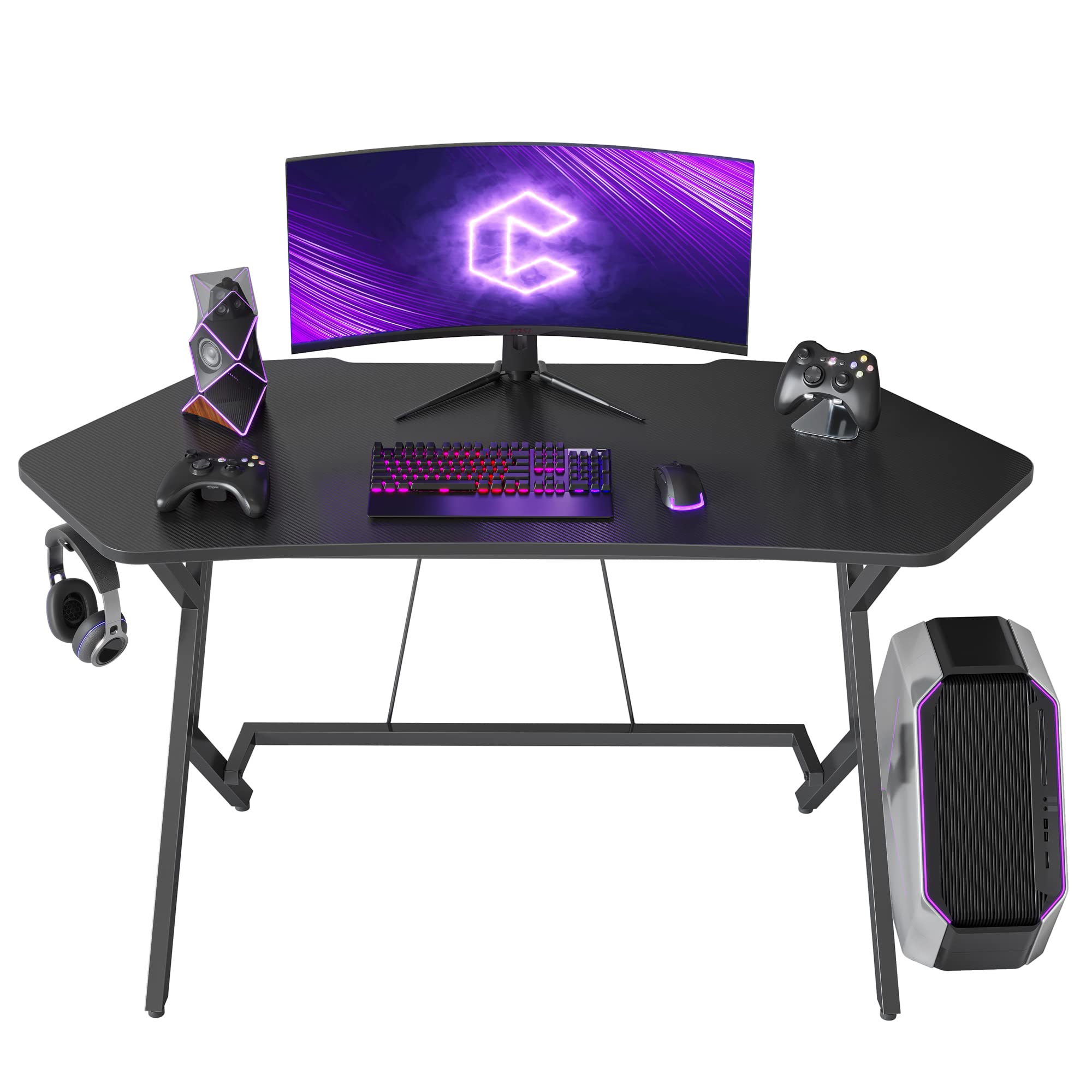 CubiCubiLuna Gaming Desk 55 inch Gamer Workstation, Home Computer Carbon Fiber Surface Gaming Desk PC Table with Cable Tray and Headphone Hook