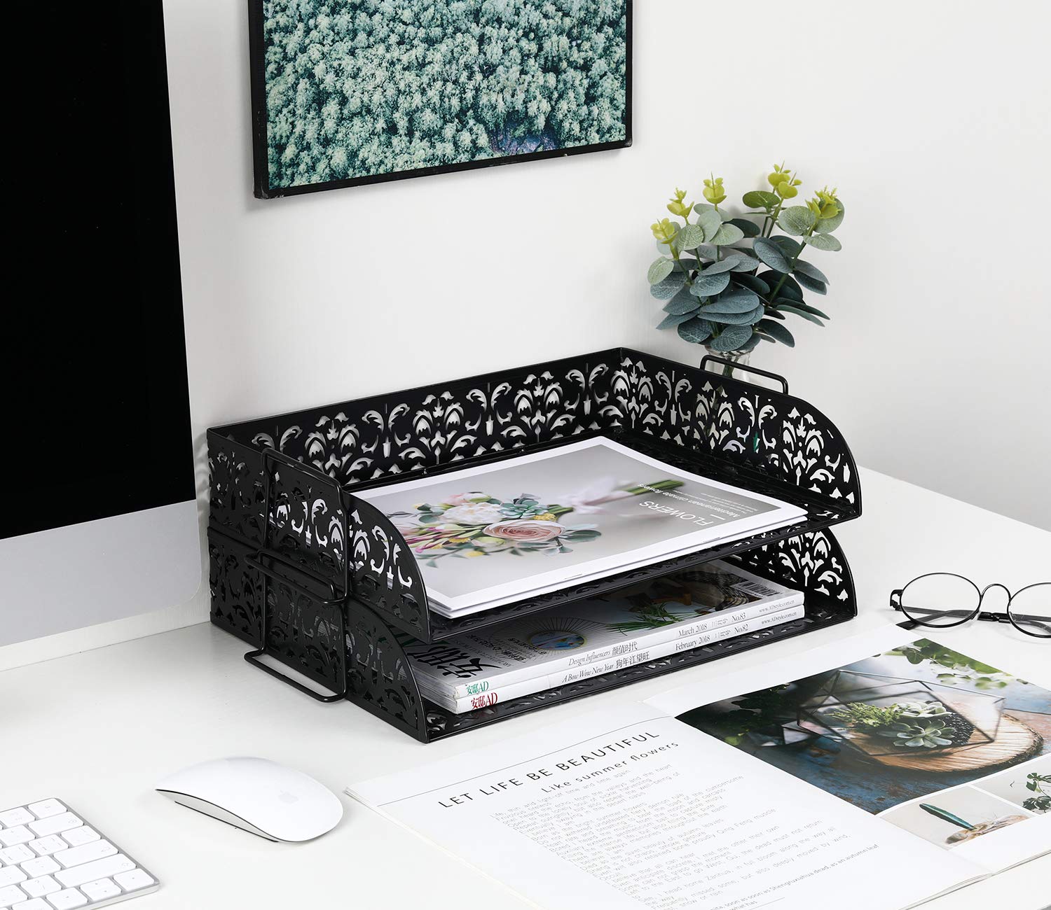 Easypag Carved Hollow fiore modello a 2 ripiani da scrivania lettera vassoio 2 Tier Black