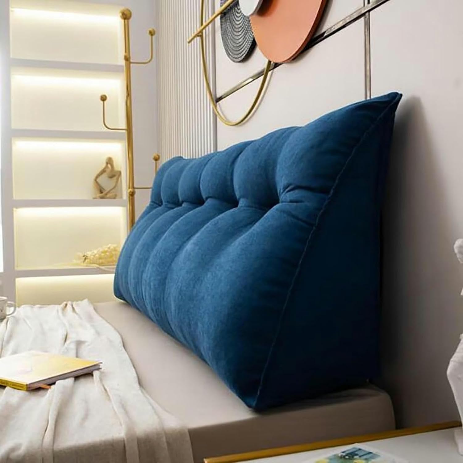 Large Headboard Pillow Teal Triangular Headboard Wedge Bed Rest Reading Pillow Backrest Positioning Support Bolster Cushion with Removable Cover, 47x20x8in, Navy Blue