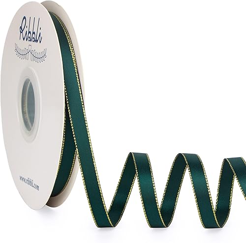 Ribbli - Cinta de satén verde picea con borde dorado, satén de doble cara de 3/8 pulgadas x 50 yardas continuas, cinta verde para manualidades,