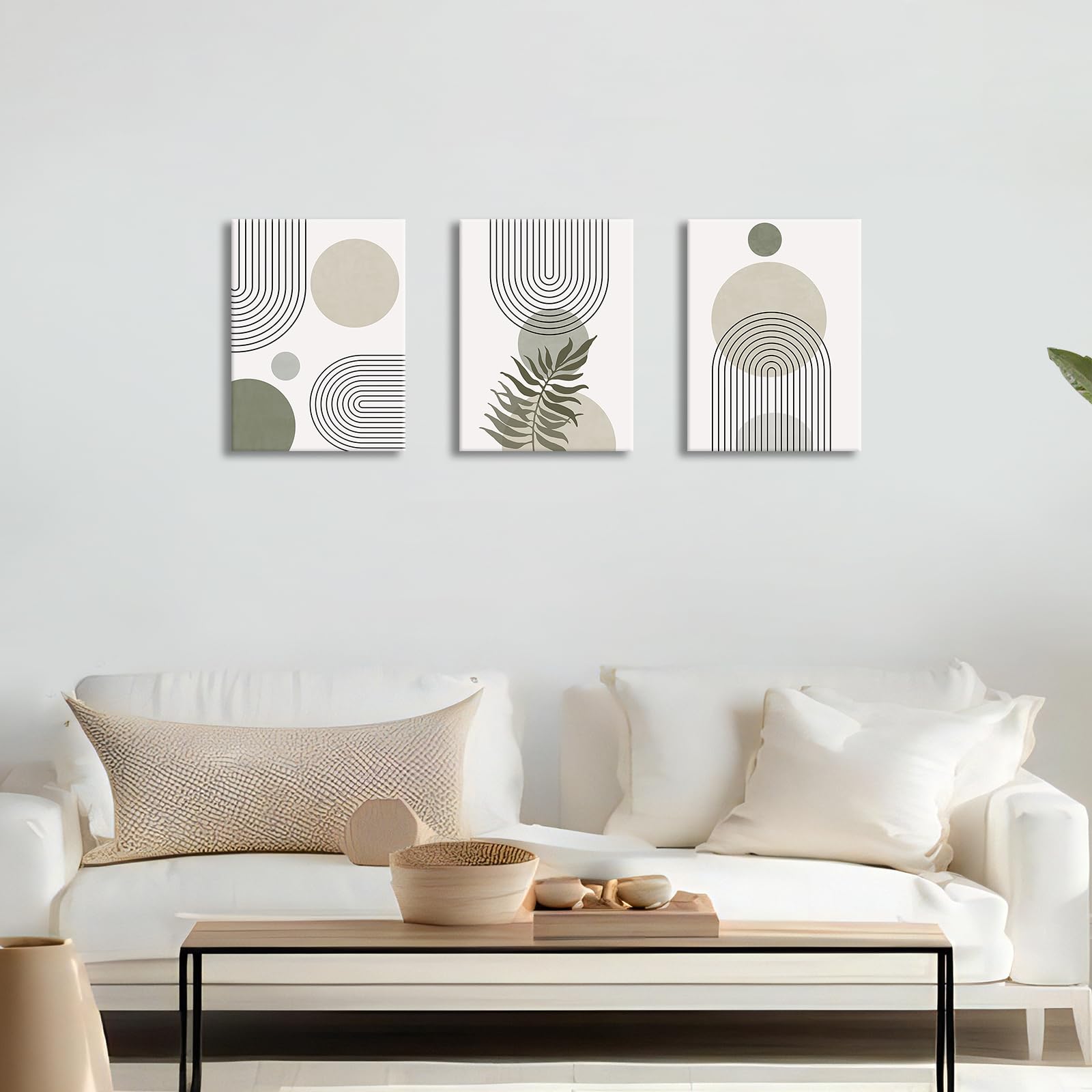 3 Pcs Wooden Framed Canvas Wall Art Set Bohemian Sage Green Canvas Prints Poster Geometric Line Beige Green Pictures for Living Room Bedroom Dinning Room Hallway Stairs Wall Decor 30x40cm x3pcs — view 148