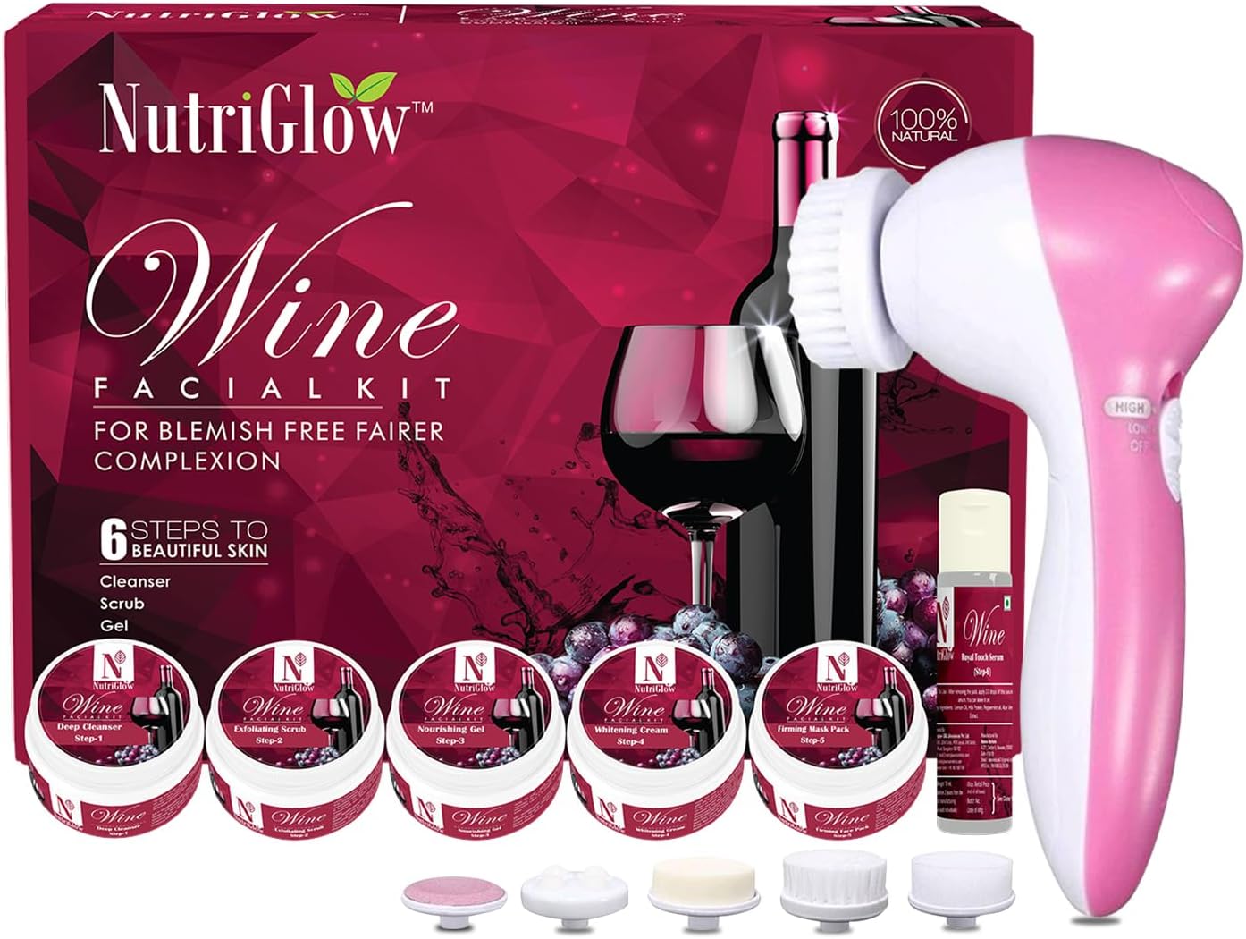 NutriGlow Wine Facial Kit for Women for Glowing Skin, 6-Pieces Skin Care Set with Deep Cleanser, Scrub, Nourishing Gel, Tan Removal, Mask Pack and Serum, 250gm+10ml Free Face Massager