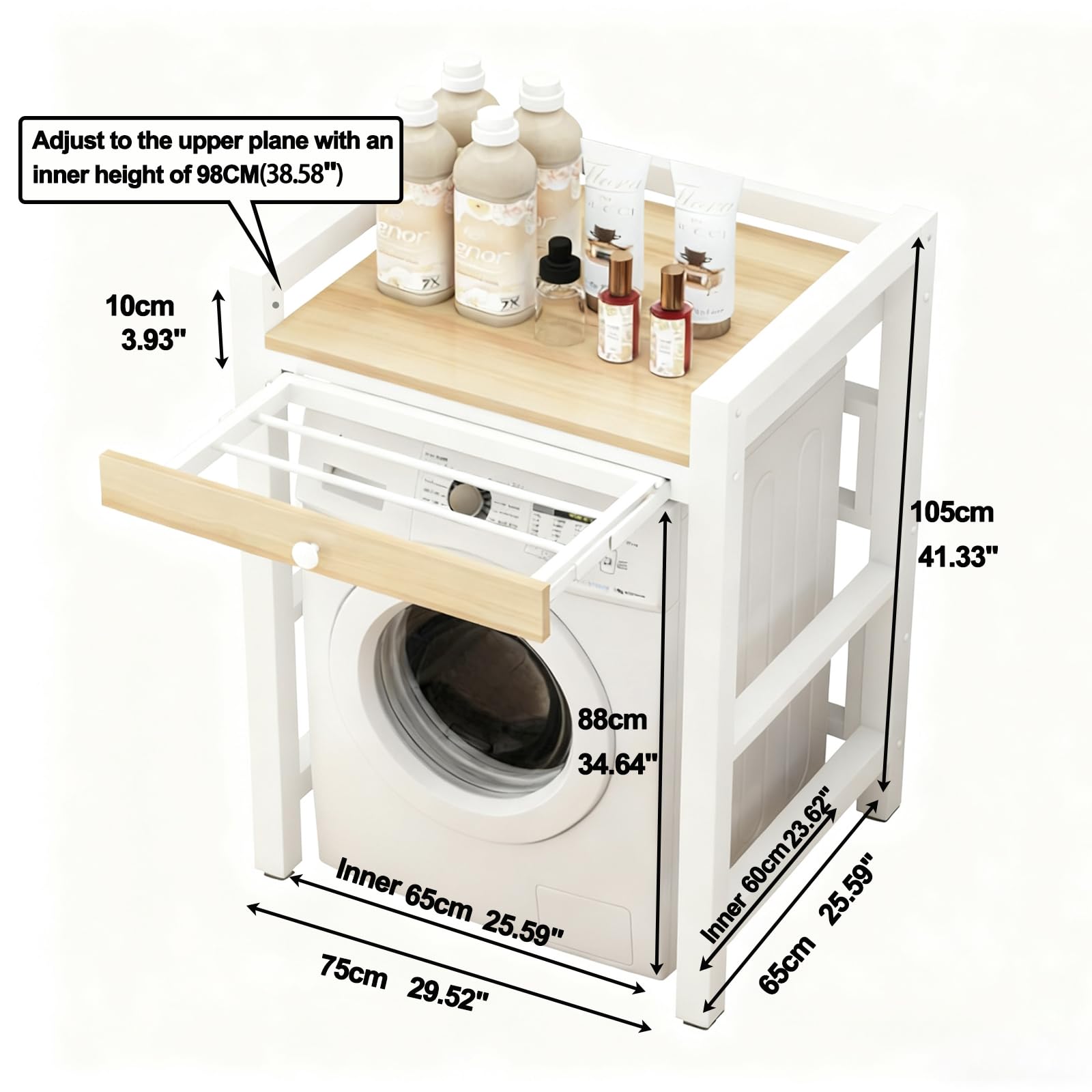 Mueble Lavadora Secadora Mueble para Lavadora Altura Con tendedero oculto Altura ajustable Mueble Lavadora Secadora Vertical Capacidad de 200kg Estantería Lavadora sin Montaje en Pared white 1-Tiers