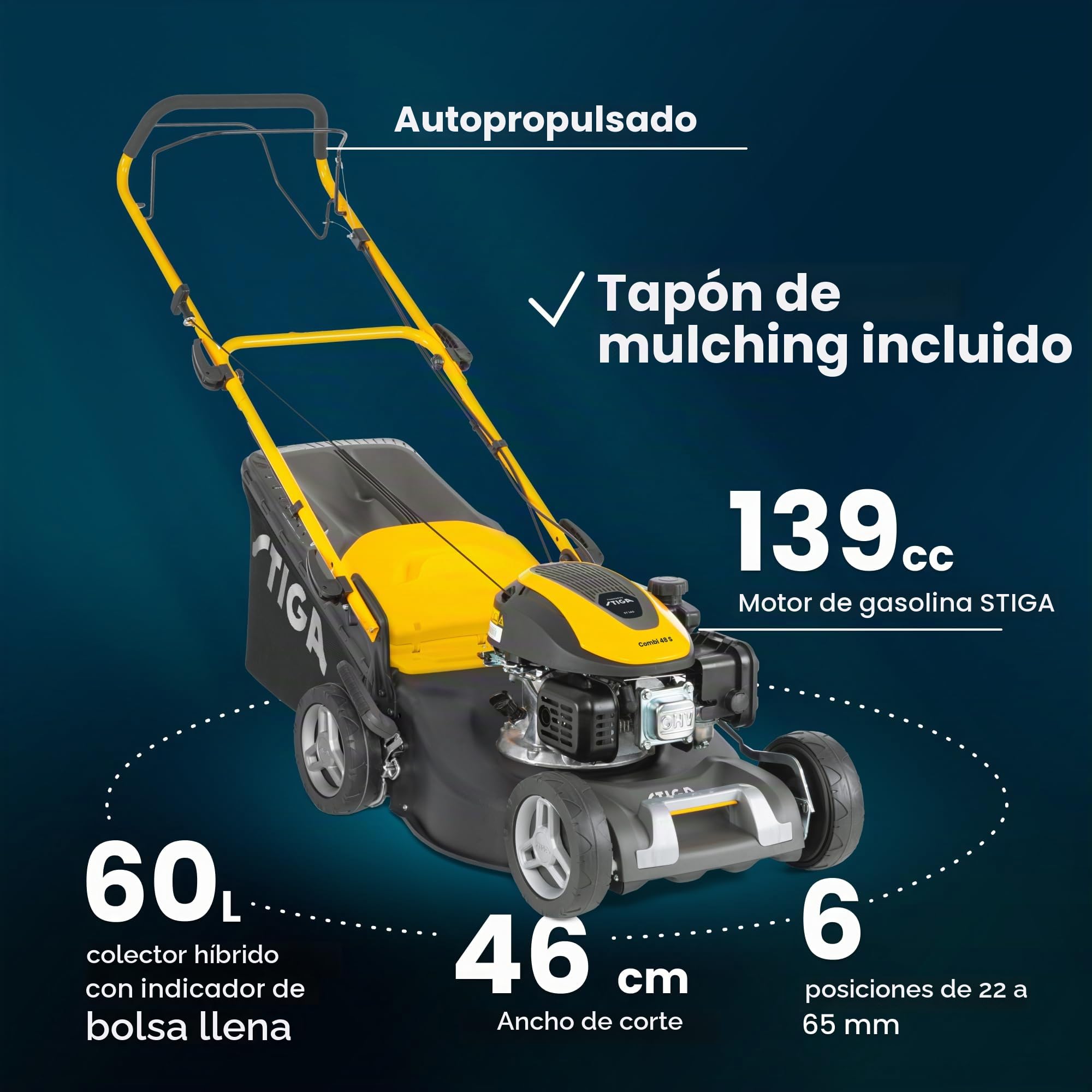 STIGA Combi 48 S - Cortacésped con tracción a gasolina, motor de gasolina de 139 cm³, ancho de corte de 46 cm, cesta de 60 L, incluye tapón de mantillo