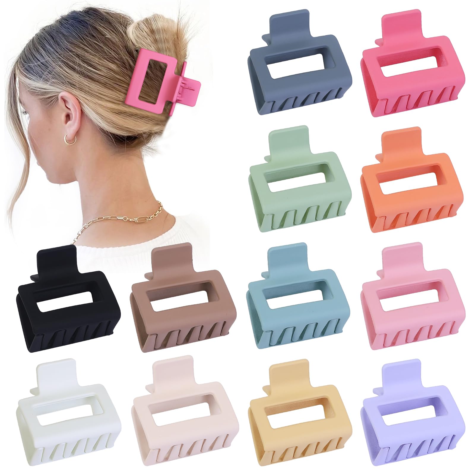 Sisiaipu 2 Inch Medium Hair Claw Clips 12 Pcs Square Hair Clips for Thin Hair Matte Nonslip Acrylic Banana Jaw Clips Bulk Hair Accessories for women and Girls - Colorful