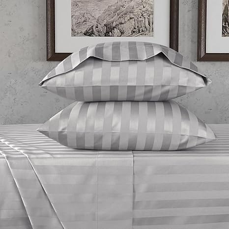 URBANHUT 800 Thread Count Egyptian Cotton Damask Striped King Size Sheets Set (4 Pc) - Ultra Soft & Smooth, Sateen Weave King Sheet, Luxury Hotel Sheets with 16" Deep Pocket - Silver Grey