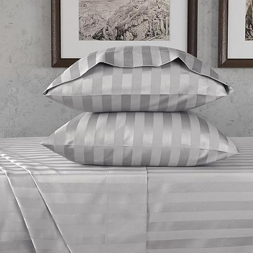 URBANHUT 800 Thread Count Egyptian Cotton Damask Striped King Size Sheets Set (4 Pc) - Ultra Soft & Smooth, Sateen Weave King Sheet, Luxury Hotel Sheets with 16" Deep Pocket - Silver Grey