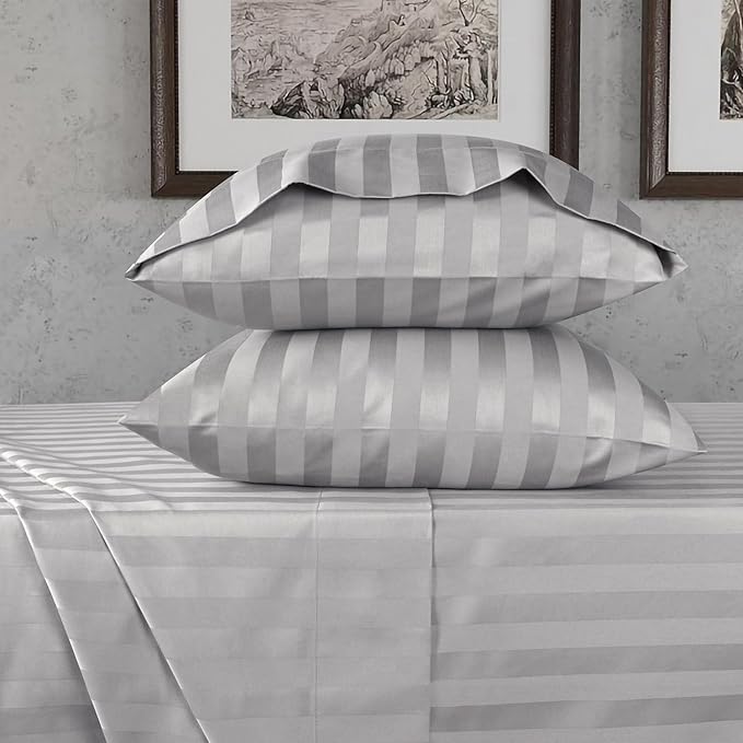 URBANHUT 800 Thread Count Egyptian Cotton Damask Striped King Size Sheets Set (4 Pc) - Ultra Soft & Smooth, Sateen Weave King Sheet, Luxury Hotel Sheets with 16" Deep Pocket - Silver Grey
