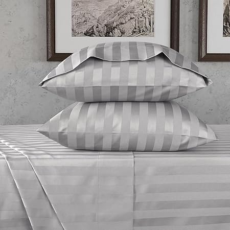 URBANHUT 800 Thread Count Egyptian Cotton Damask Striped King Size Sheets Set (4 Pc) - Ultra Soft & Smooth, Sateen Weave King Sheet, Luxury Hotel Sheets with 16" Deep Pocket - Silver Grey
