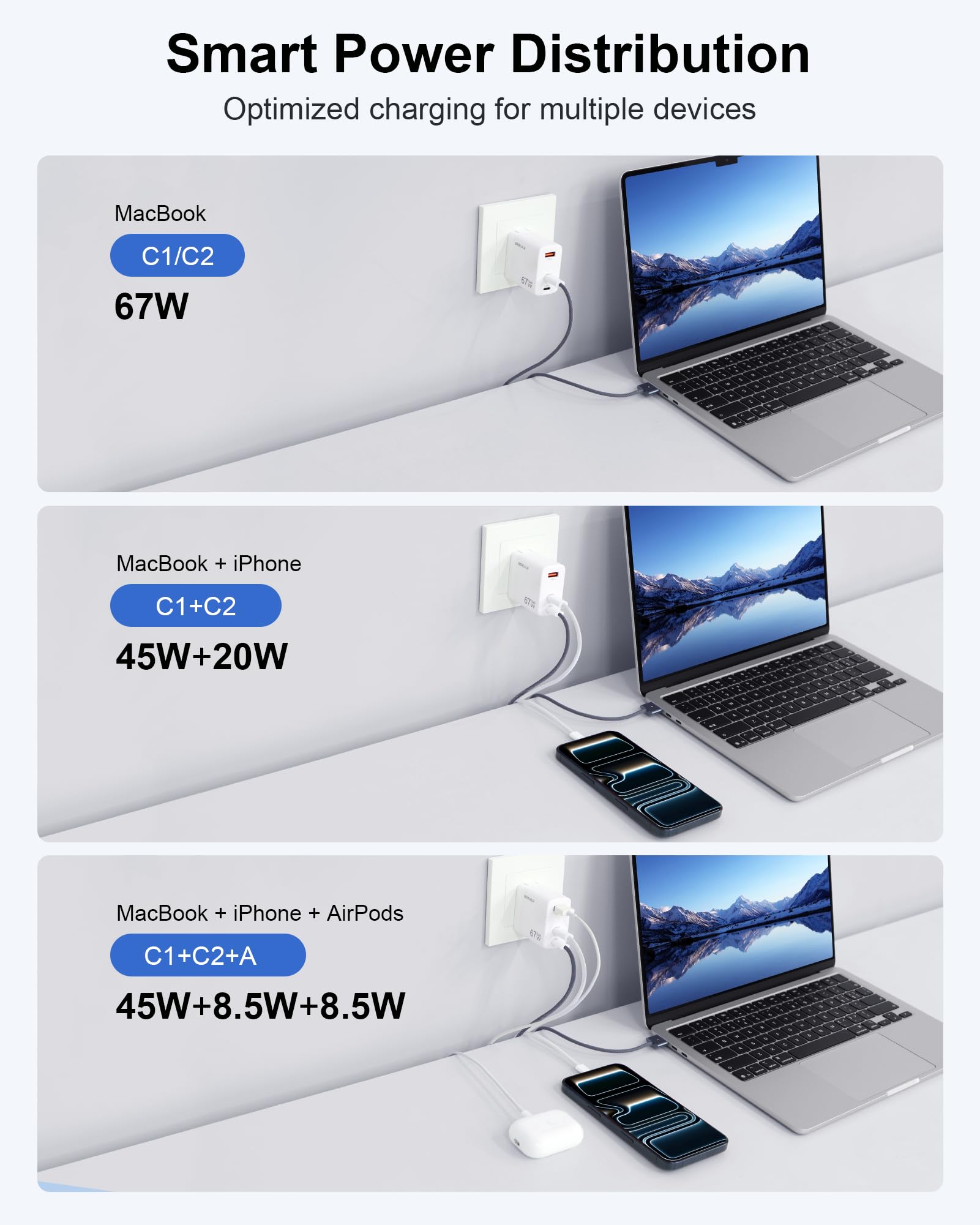 DERLULU GaN - Caricatore USB-C da 67 W per MacBook Air 13/15", adattatore di ricarica rapida con cavo magnetico da 1,5 m, compatto 2C1A per MacBook, iPad, iPhone
