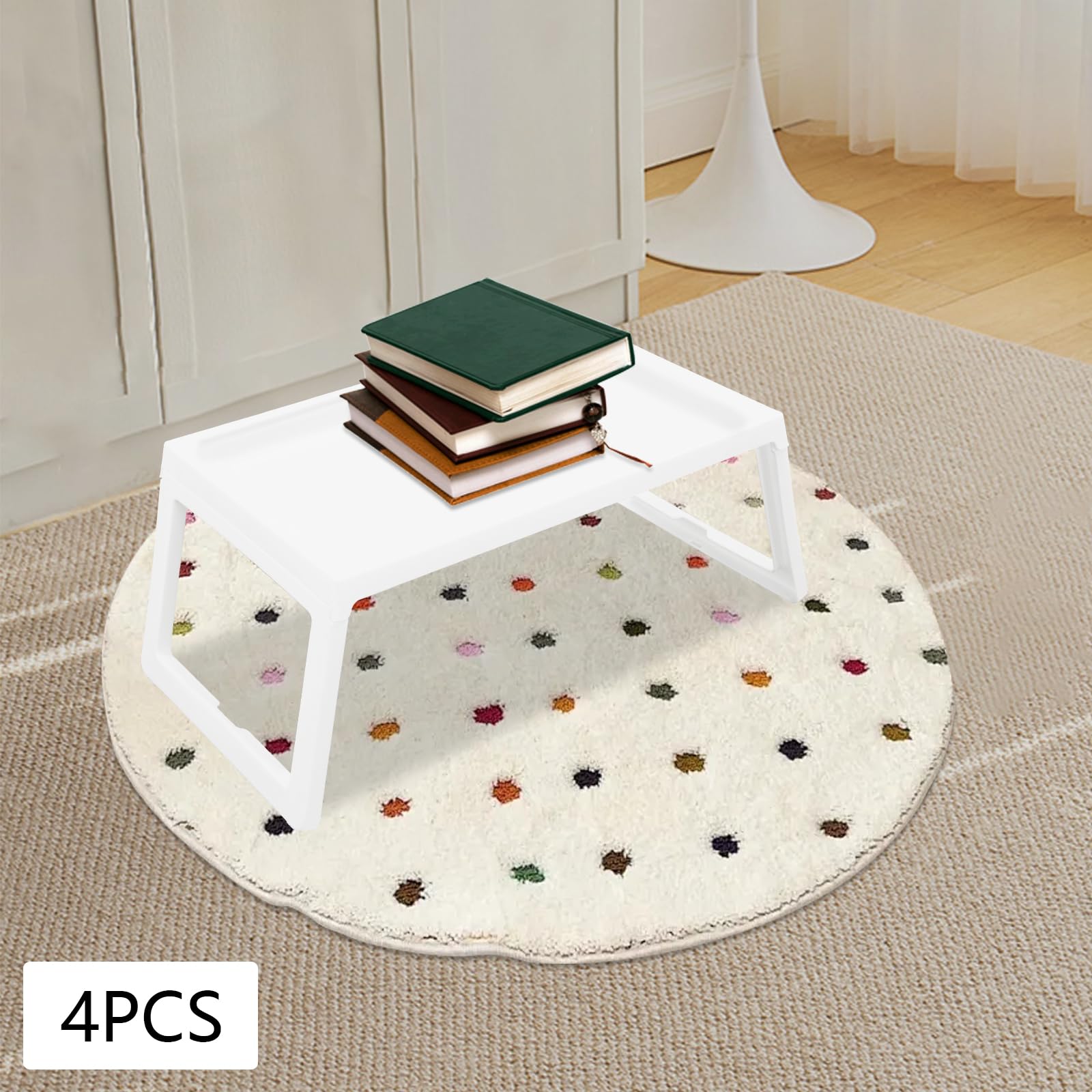 4 tabletas de cama con patas plegables, mesa de cama de plástico blanco, bandeja de desayuno para bandeja de cama, limpieza sin esfuerzo, bandeja de cama con ranura para teléfono móvil,