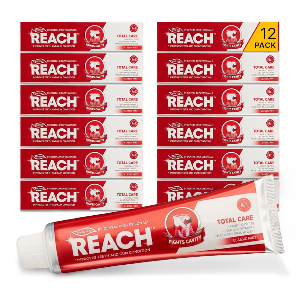 [12 Pack] Reach Total Care Toothpaste 150g, Classic Mint, Contains Fluoride, Vitamin E, Oral Hygiene, 12 Hours Freshens Breath, Fights Cavities, Improve Teeth & Gum, Remove Enamel Plaque, Dental Care