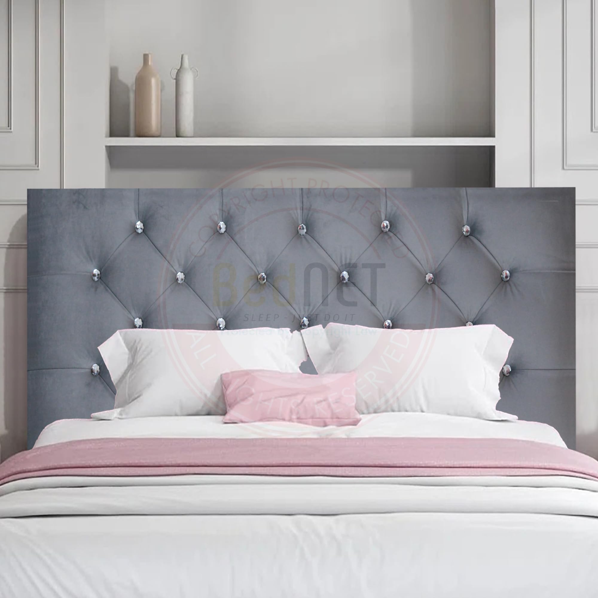 BEDNET Chesterfield 20” 4FT6 - Double Headboard for Bed, Upholstered Padded Lined Grey Plush Velvet Headboard, Adjustable Height, Bedroom Furniture (Grey, 4FT6 - Double - 20" Height)