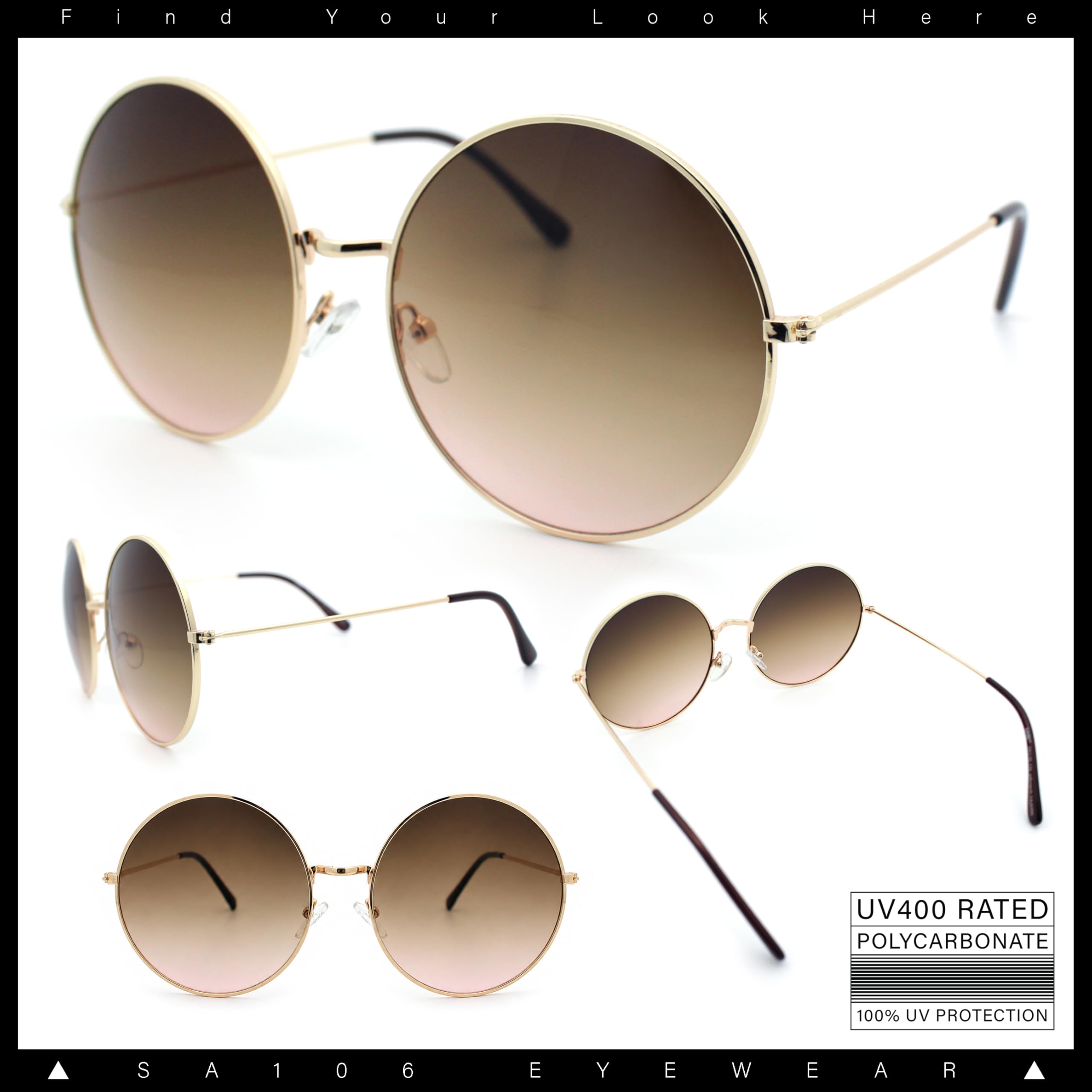 Klassische Übergröße Joplin Style Hippie Runde Gläser Sonnenbrille, Gold (Gold Brown Peach), Einheitsgröße