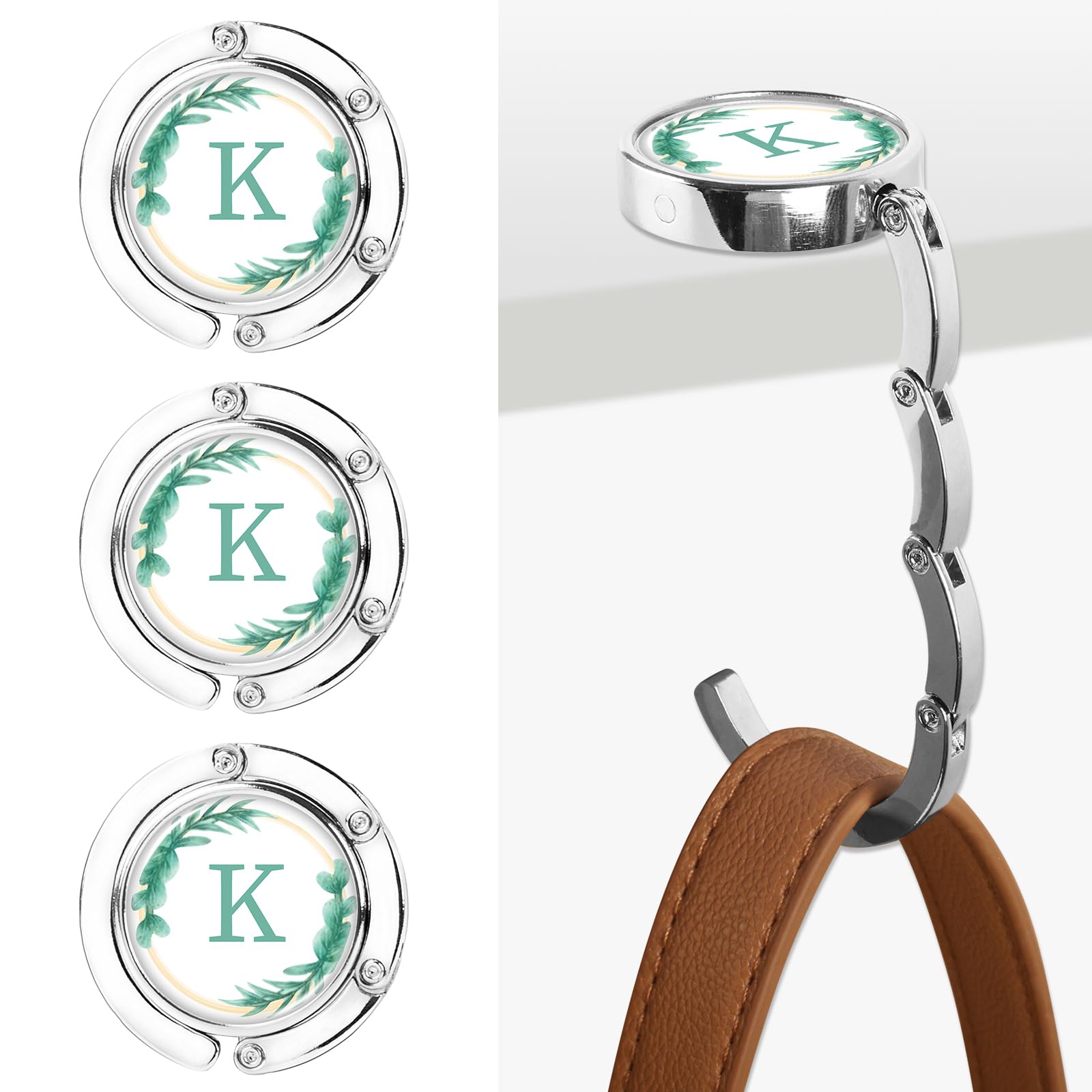 3pcs Personalized Initial Foldable Purse Hook for Table - Flower Letter Folding Handbag Hanger, Portable Magnet Table Holder, Collection Desk Hooks