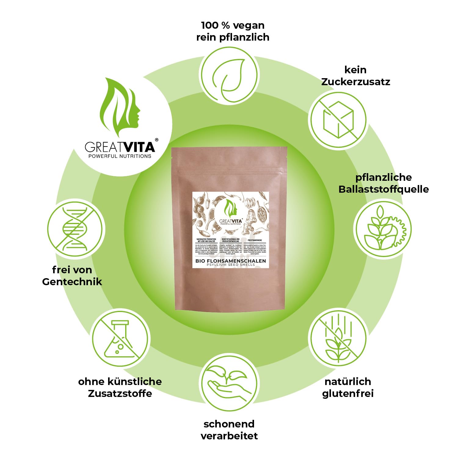 GreatVita Bucce di psillio organico, puro al 99%, (1 x 1000g) Bucce di psillio indiano, ad alto contenuto di fibre e vegano, L'imballaggio può variare