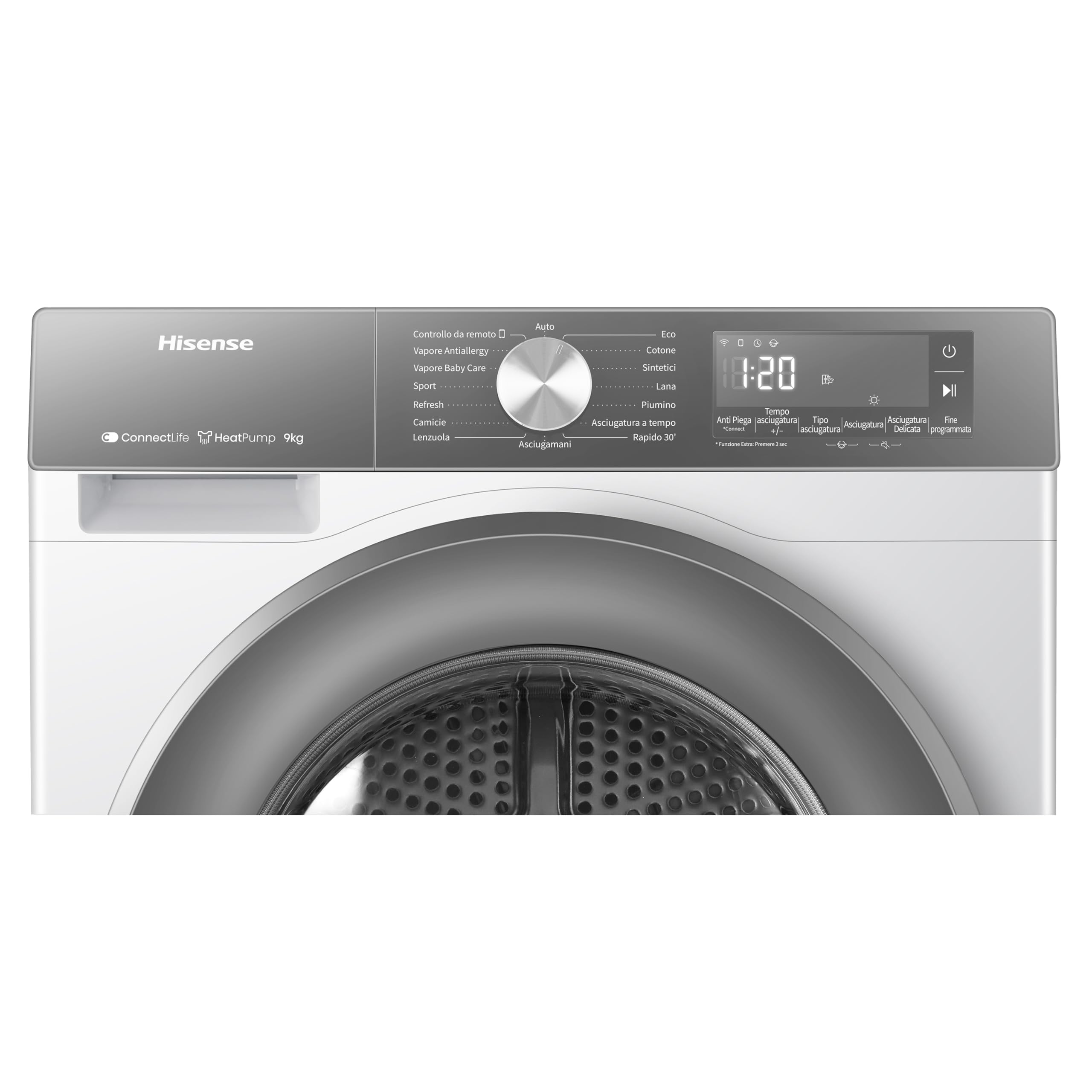 Hisense DH3S902BWCCA Asciugatrice a Pompa Di Calore, 9 Kg, A+++/C, Big Display, 16 programmi, Refresh, WiFi, Porta Reversibile, Bianco/Silver