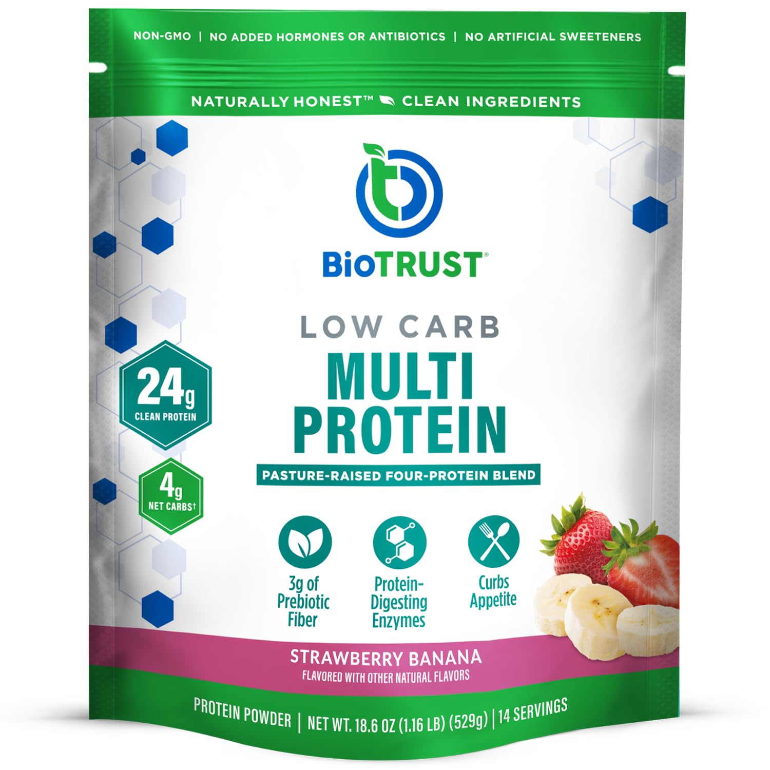 Low Carb Protein Powder – Delicious Whey & Casein Blend from Grass-Fed Hormone Free Cows – Non GMO, Gluten Free (Strawberry Banana)
