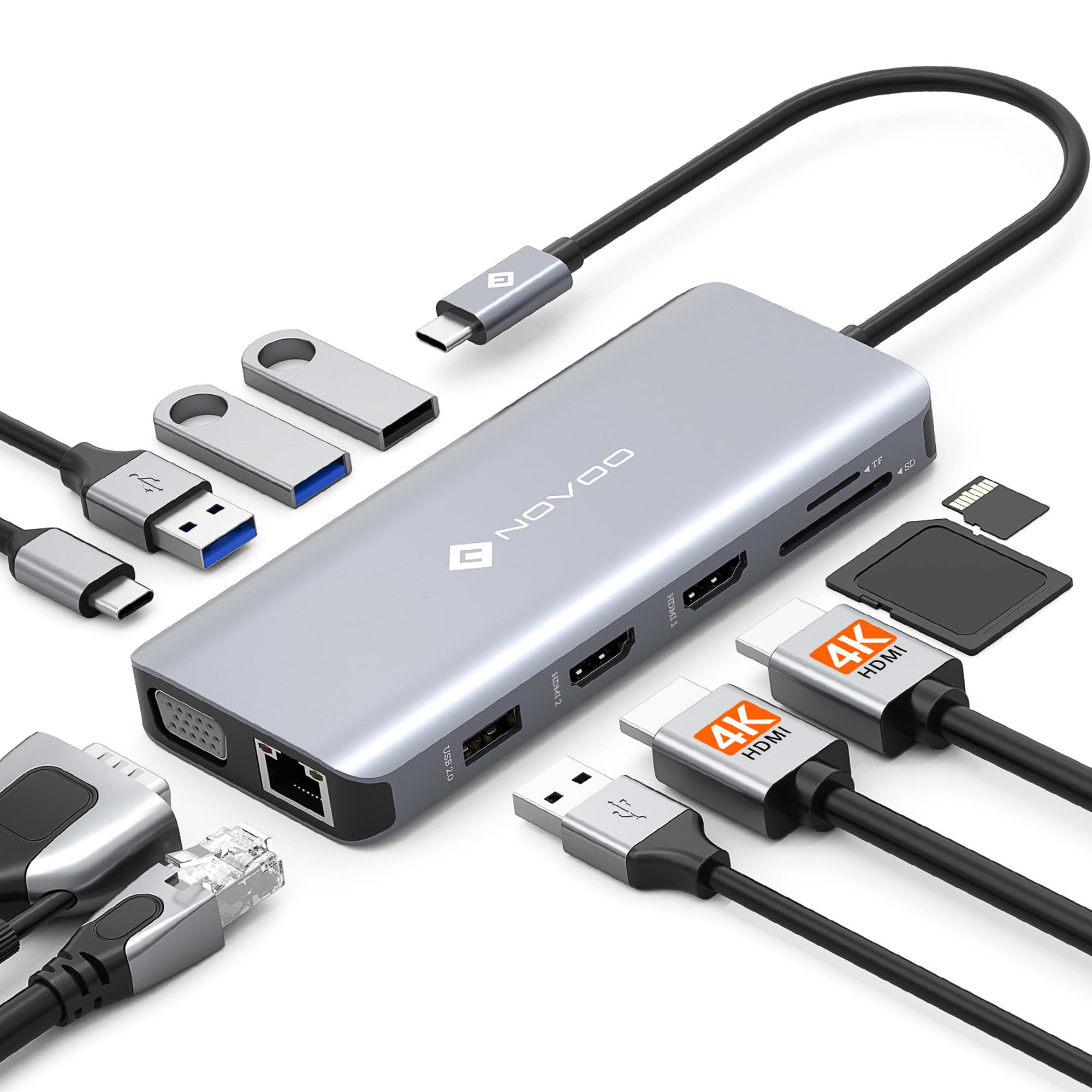 NOVOO Station d'accueil USB C Triple Écran 11 en 1 Docking Station USB C Double HDMI 4K@60Hz VGA USBx4 Gigabit Ethernet 100W PD SD/TF Multiport Hub pour MacBook M1 M2 HP Dell Lenovo Surface