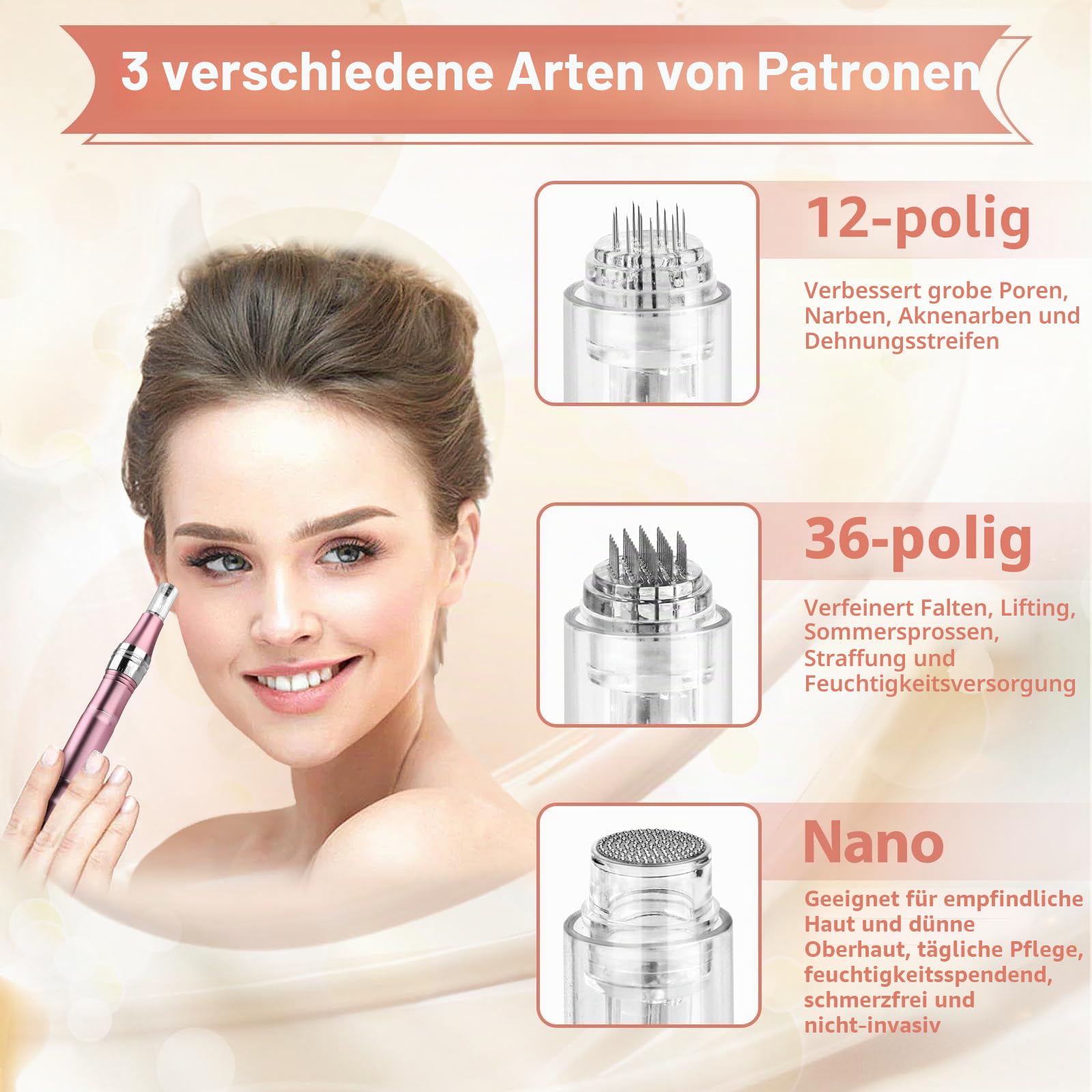 Dermapen Elektrischer Microneedling-Stift mit 8 Geschwindigkeiten, 0-2,5 mm, mit 7 Modell-LED-Licht, mit Hyaluronsäure-Gesichtsserum (inkl. 12 Nadelpatronen) (Rosa)