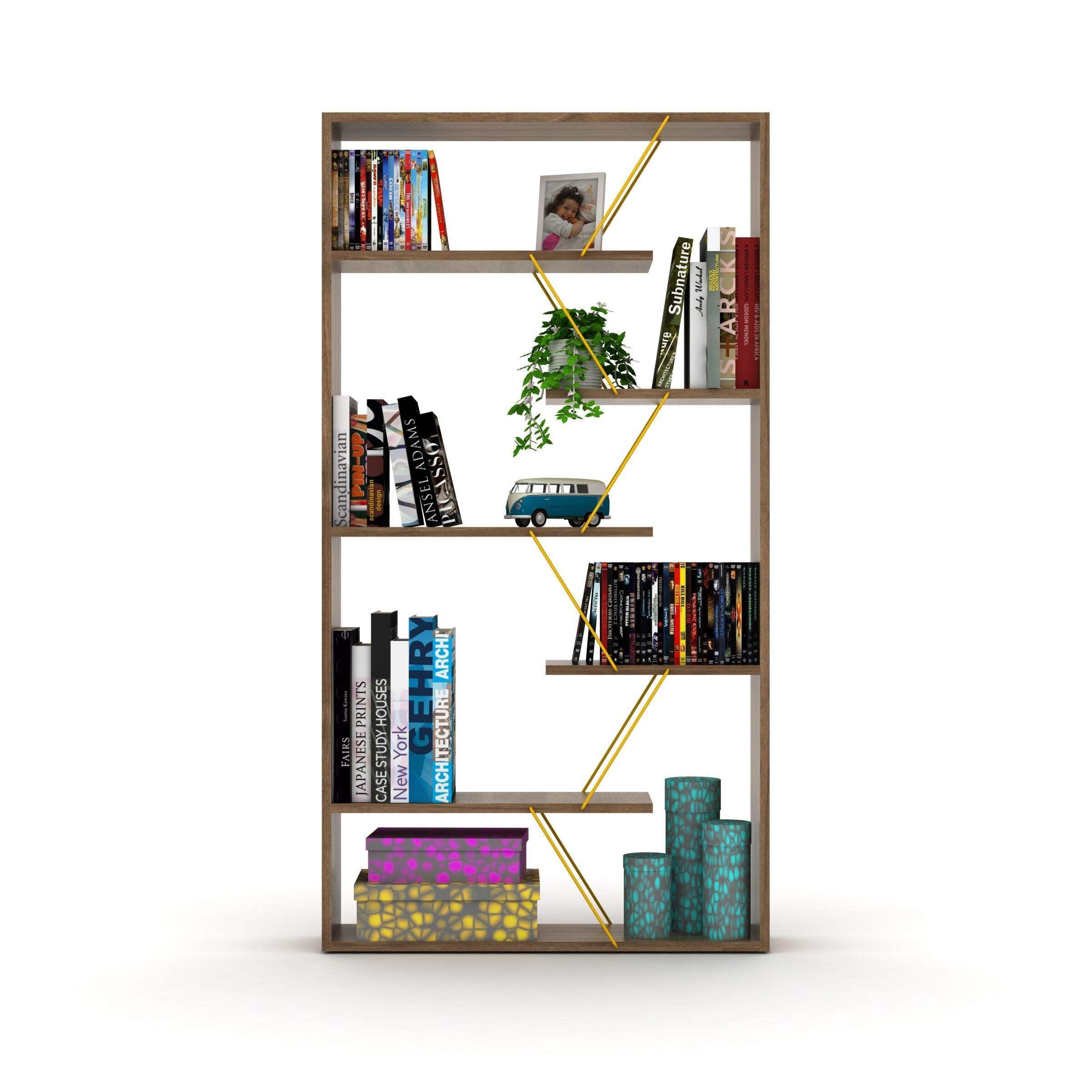 leoglint Furnish Home Store Wood Frame Etagere Open Back 6 Shelves Bookcase Industrial Bookshelf for Office and Living Rooms Modern Bookcases Large Bookshelf Organizer, Walnut/Yellow