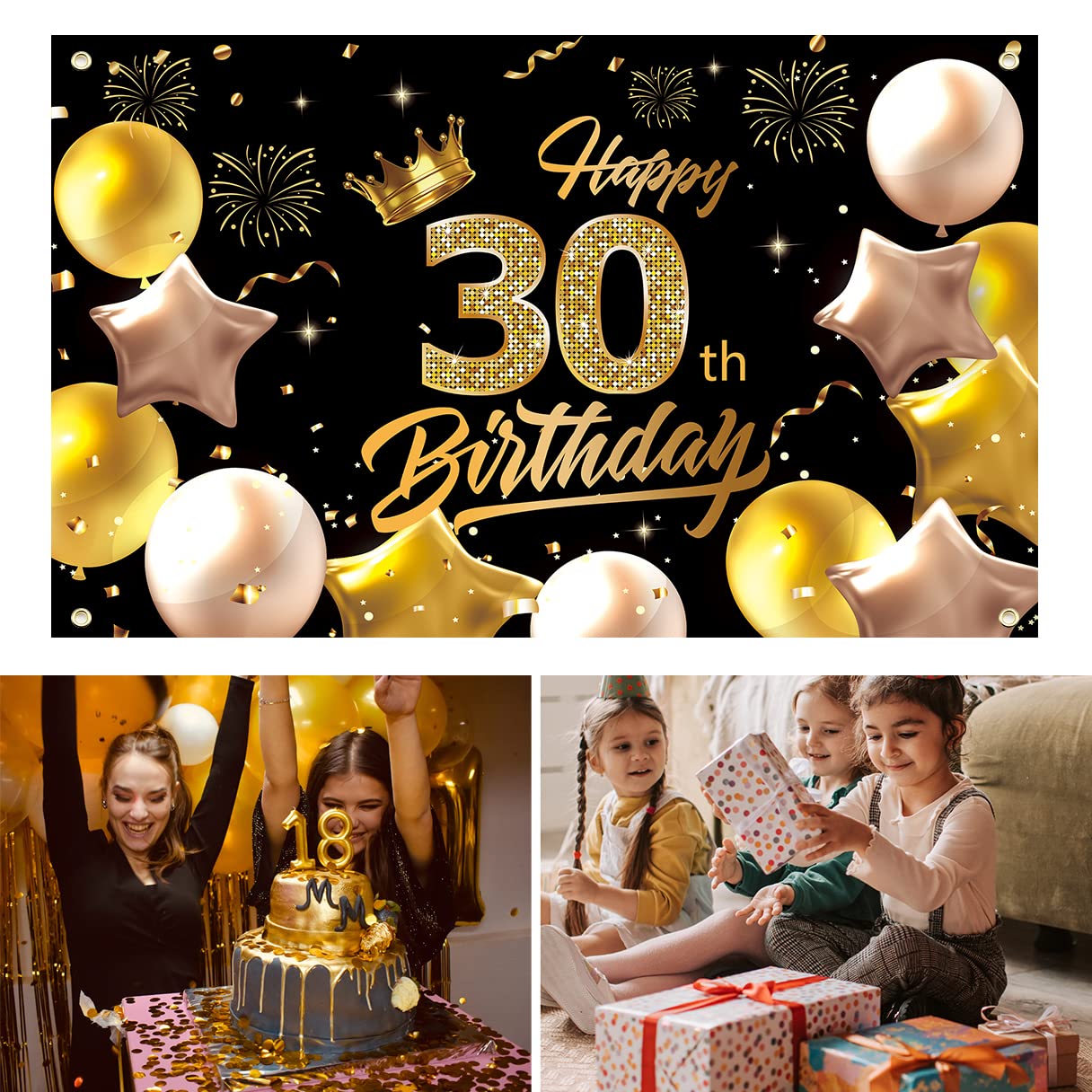 Striscione Compleanno 30 Anni - Tessuto Poliestere 180x110cm, Oro E Nero, Decorazione Festa - Foto 3