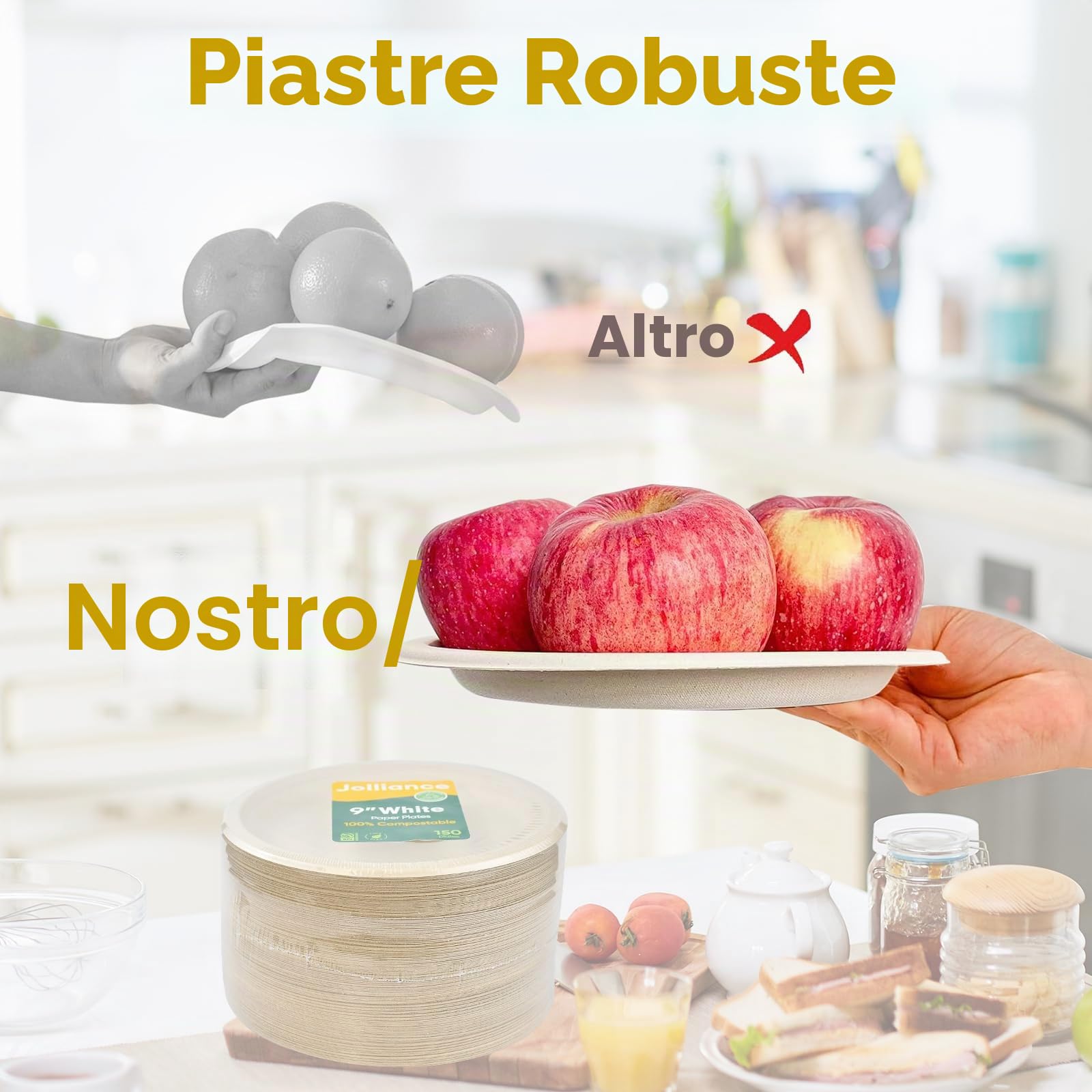 Jollliance Piatti di Carta 100% Compostabili, 23 cm - Resistenti, Confezione da 50, in Bagasso di Canna da Zucchero Naturale, Marrone, Monouso