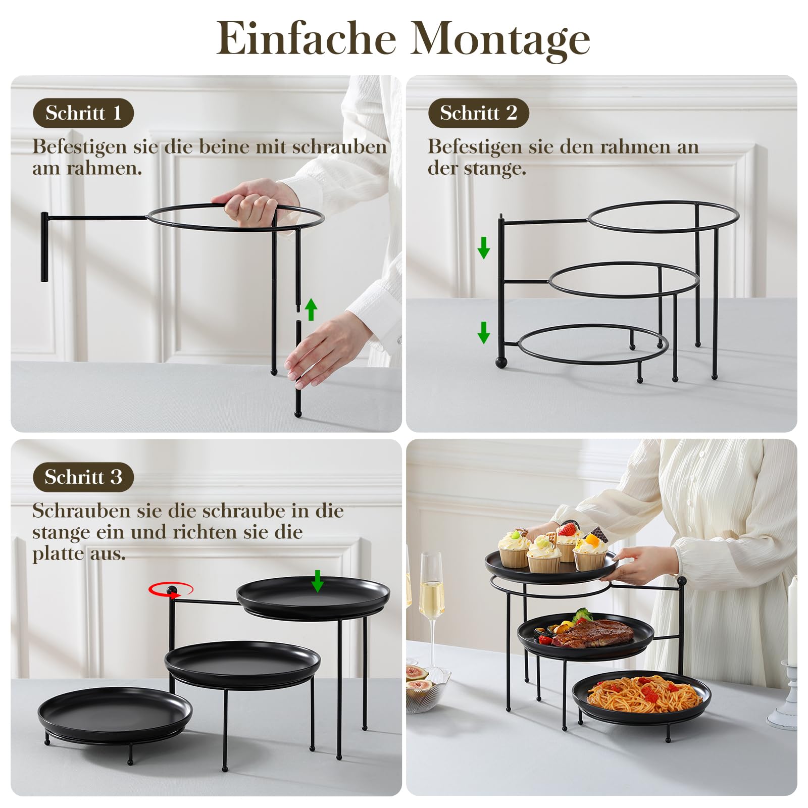 MALACASA Etagere 3 Etagen, Ø26 cm Speiseteller Rundes Porzellan, Schwarz | Essteller mit Etagere, Servierplatte, Gebäckständer, Drehbar Sockel, mit Sturdier Stand, für Party Entertaining Food Display