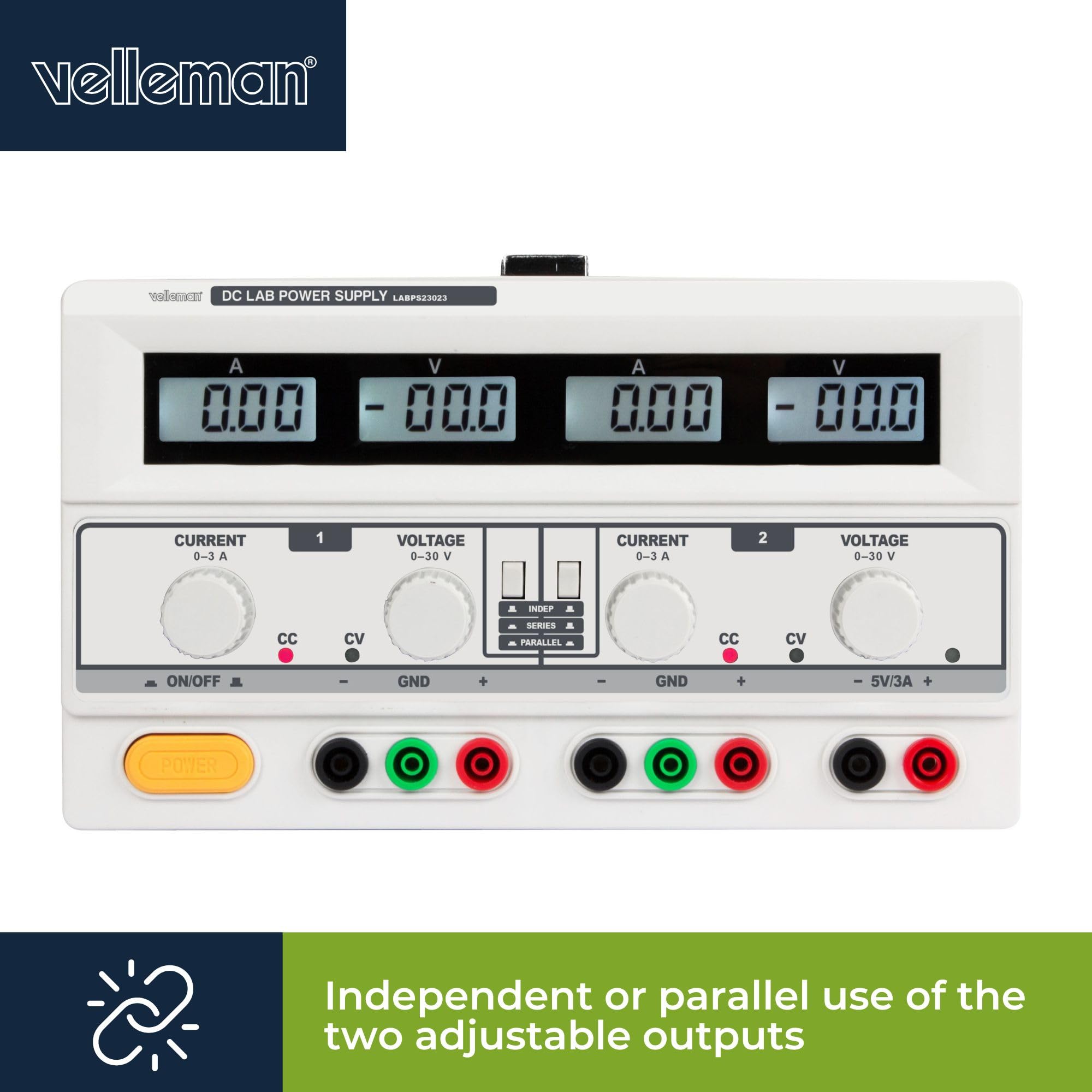 Velleman Zasilacz Lab, regulowany, 2 x 0-30 VDC/0-3 A, + 5 VDC stały/3 A, ograniczenie prądu, zabezpieczenie przeciwzwarciowe, wyświetlacz LCD 4, szary