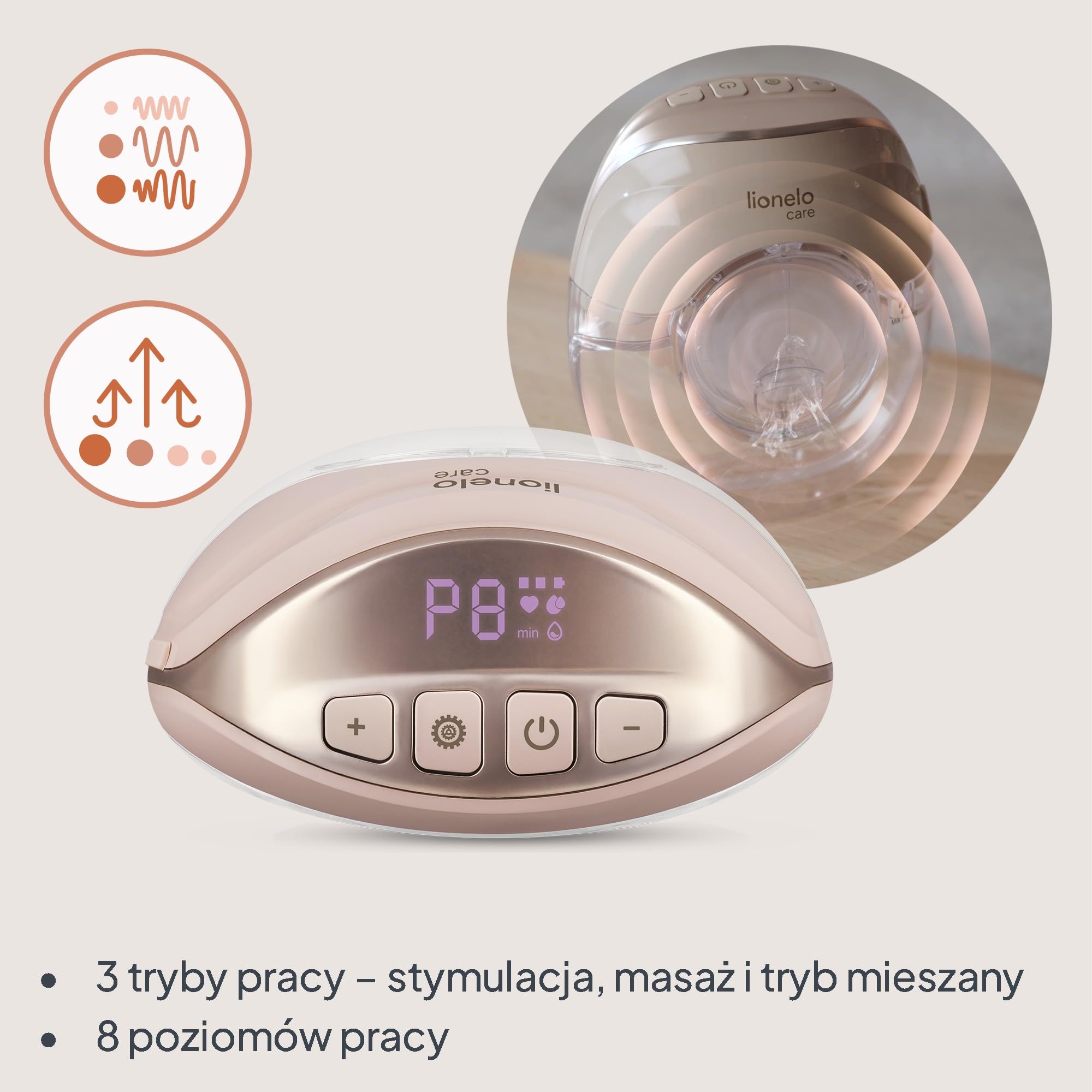 Lionelo Fidi Free Slim DUO przenośny elektryczny laktator bezprzewodowy – podwójna pompka do obu piersi, cicha praca do 40 dB, 3 fazy z 8 stopniami, próżniowa do 60 kPa, 2 x 150 ml tritan, USB-C, czas