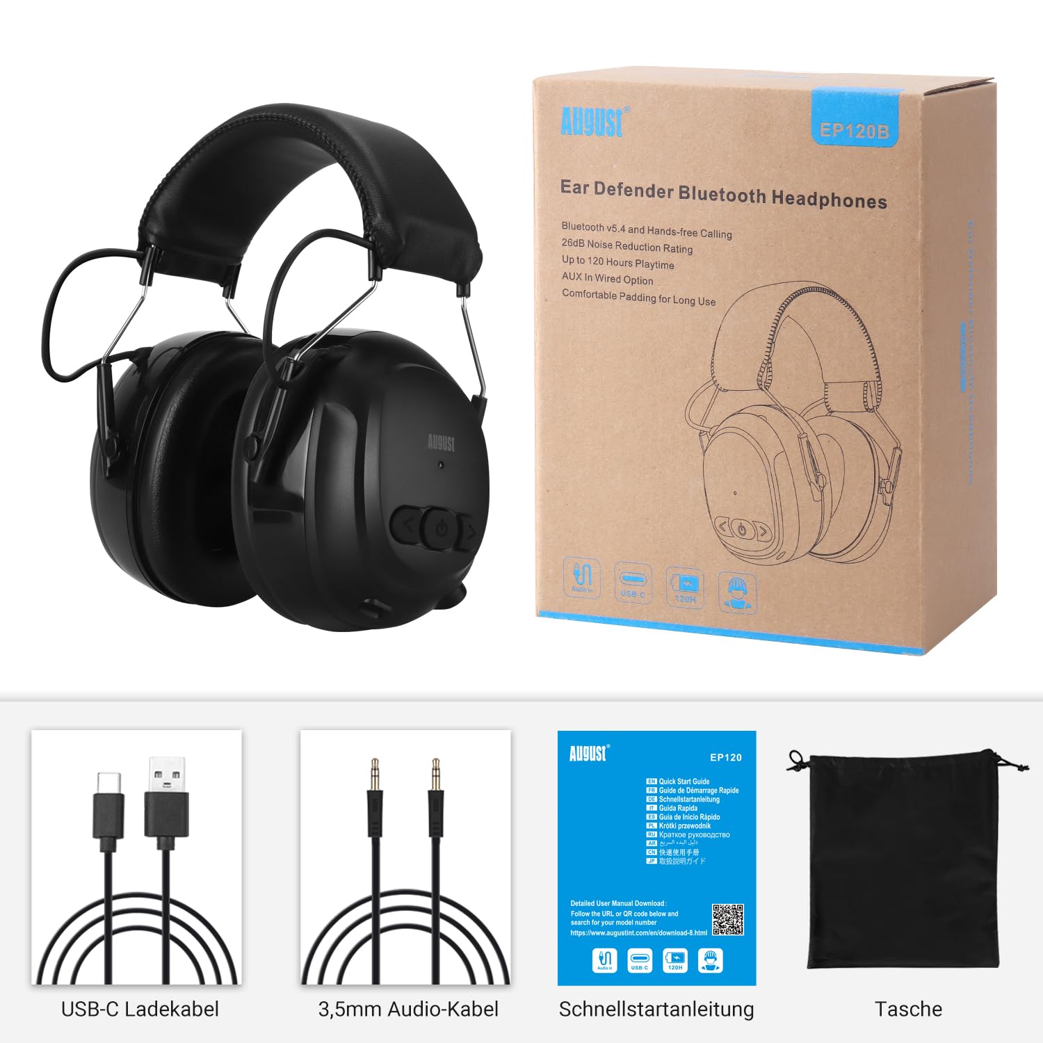 August EP120 Bluetooth 5.4 Gehörschutz Kopfhörer mit 120h Laufzeit-Sicherheit Ohrenschützer mit Mikrofon Geräuschreduzierung SNR 30dB Freisprech 3,5mm AUX für Rasenmähen Ingenieursarbeiten Baubranche
