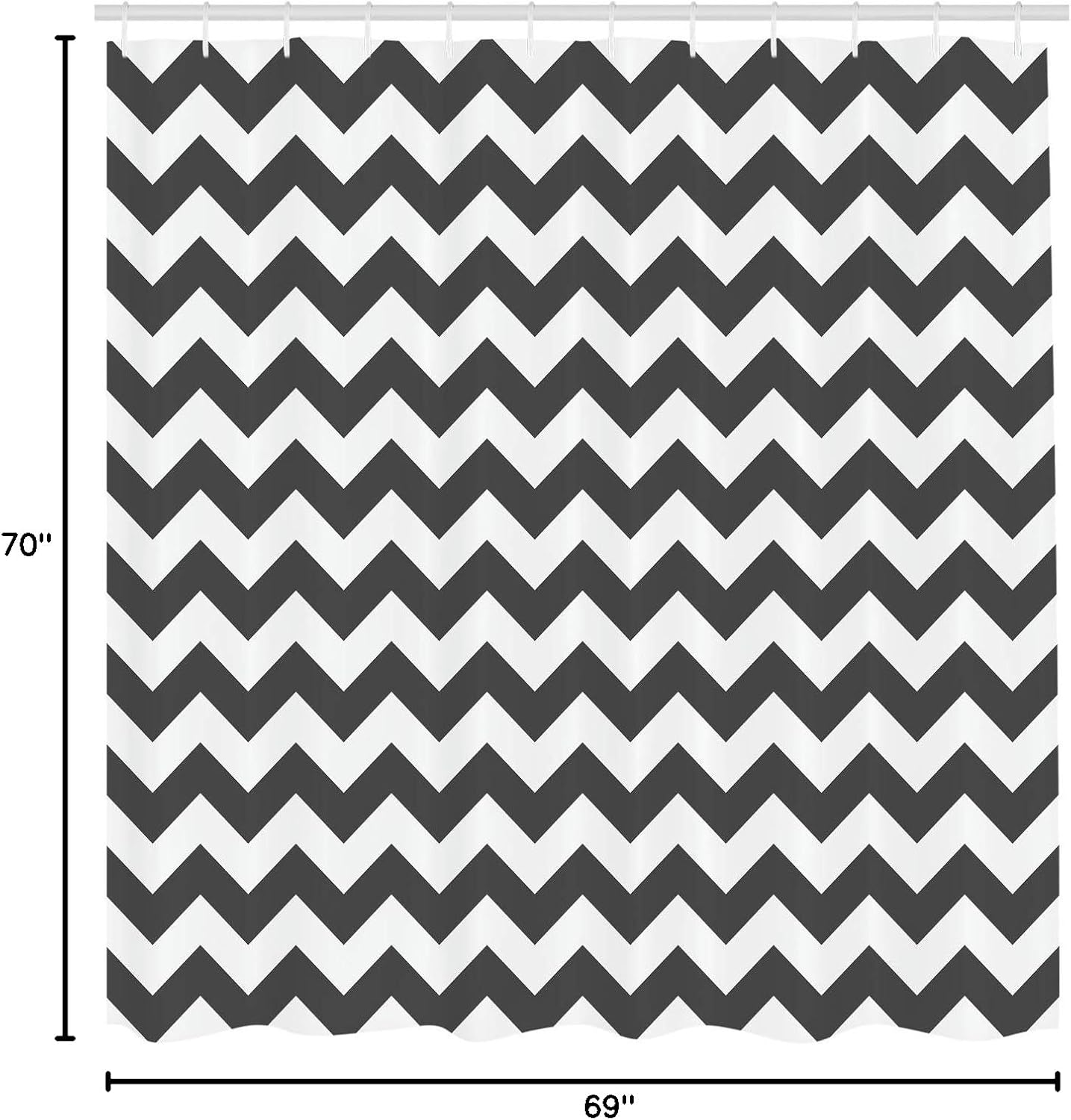 Ambesonne Chevron Shower Curtain, Abstract Geometric Horizontal Repeated Zigzag Wavy Angular Stripes Pattern, Cloth Fabric Bathroom Decor Set with Hooks, 70" Long, Charcoal Grey