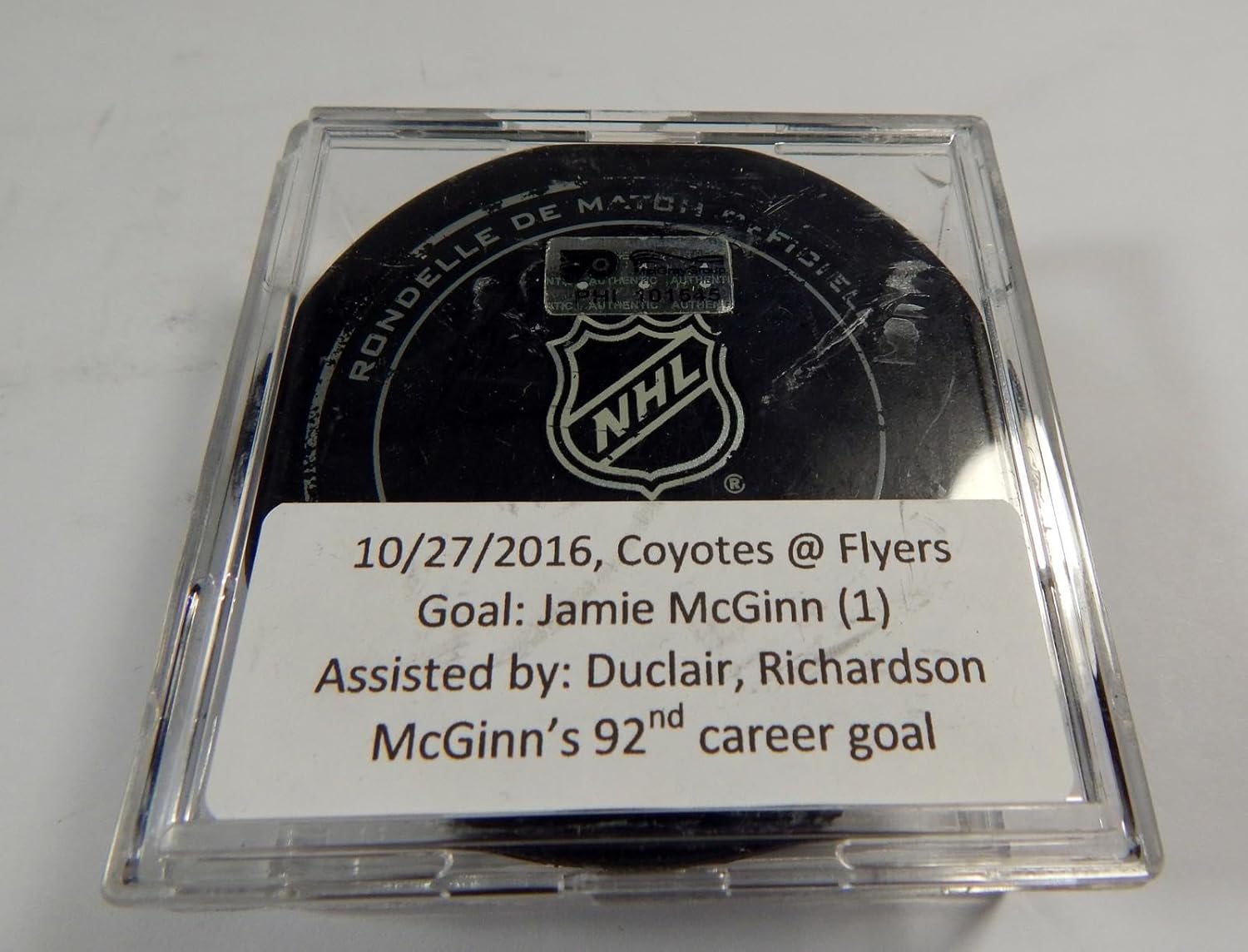 2016 Calgary Flames Columbus Jackets Game Used Goal Puck By Scott Hartnell - NHL Unsigned Game Used Pucks
