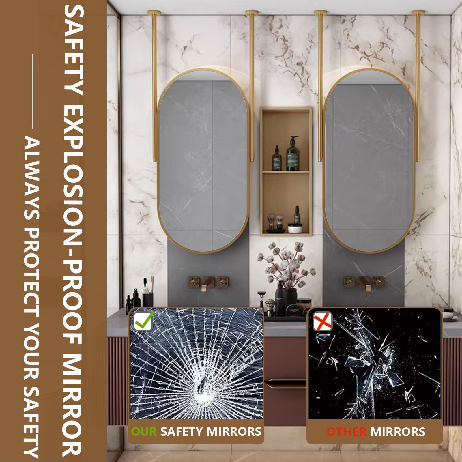 Miroir Mural Avec Sangle Cuir Et Cadre Bambou - 77x44 Cm Ou 99x45 Cm, Réglable, Pour Salle De Bain Ou Chambre - 9