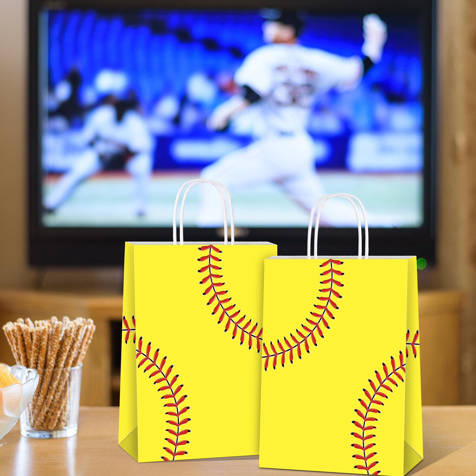 MIMIND 16 Pack Softball Gift Bags with Handles Paper Party Favor Goodie Bags Softball Treat Bags for Birthday Game Day Sport Themed Party Supplies