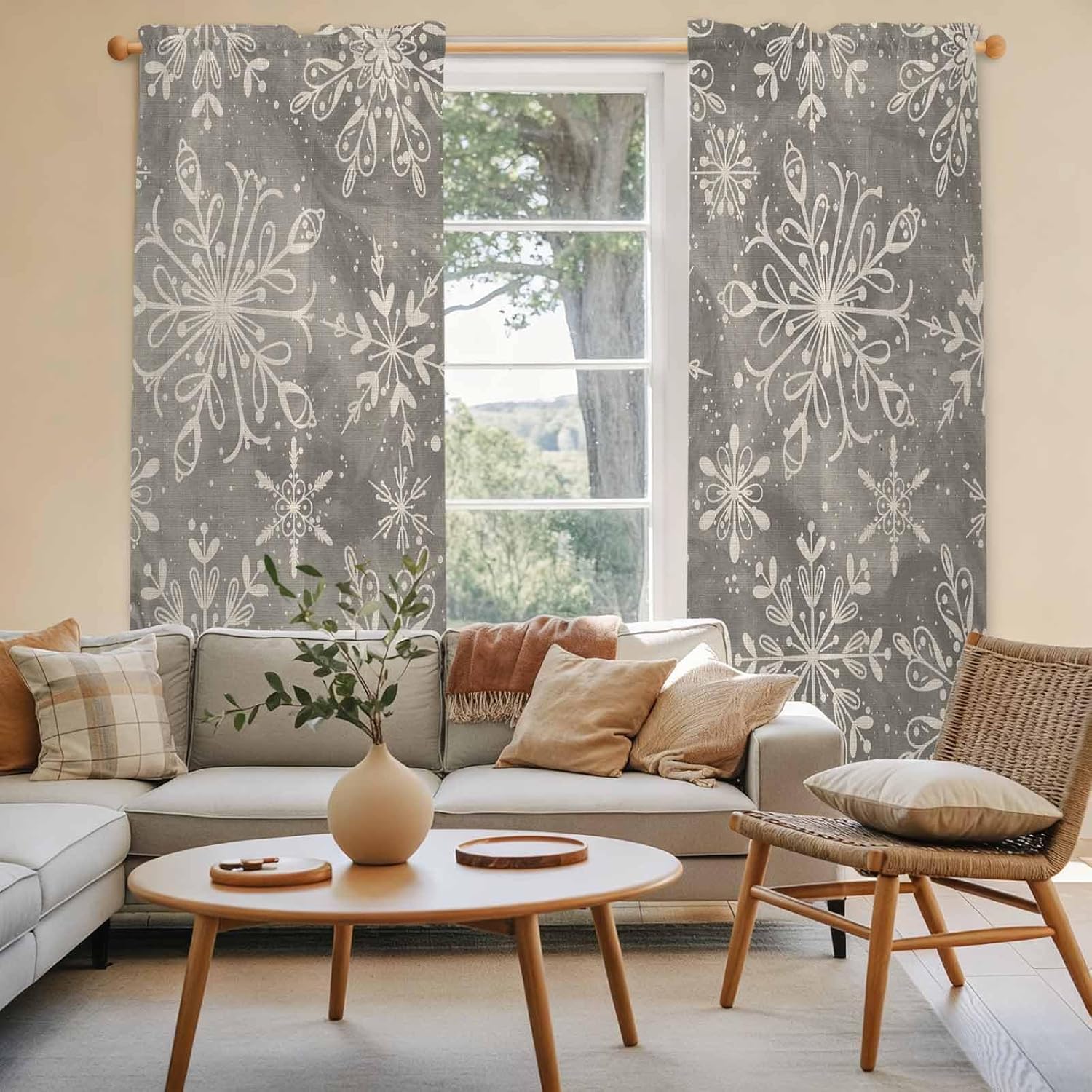 Grey Christmas Window Curtains 72 Inch Long 2 Panel Set, Rod Pocket Long Curtains & Drapes, Vintage Winter Snowflakes Patterned Light Filtering Window Treatment for Bedroom Living Room 52"W x 72"L