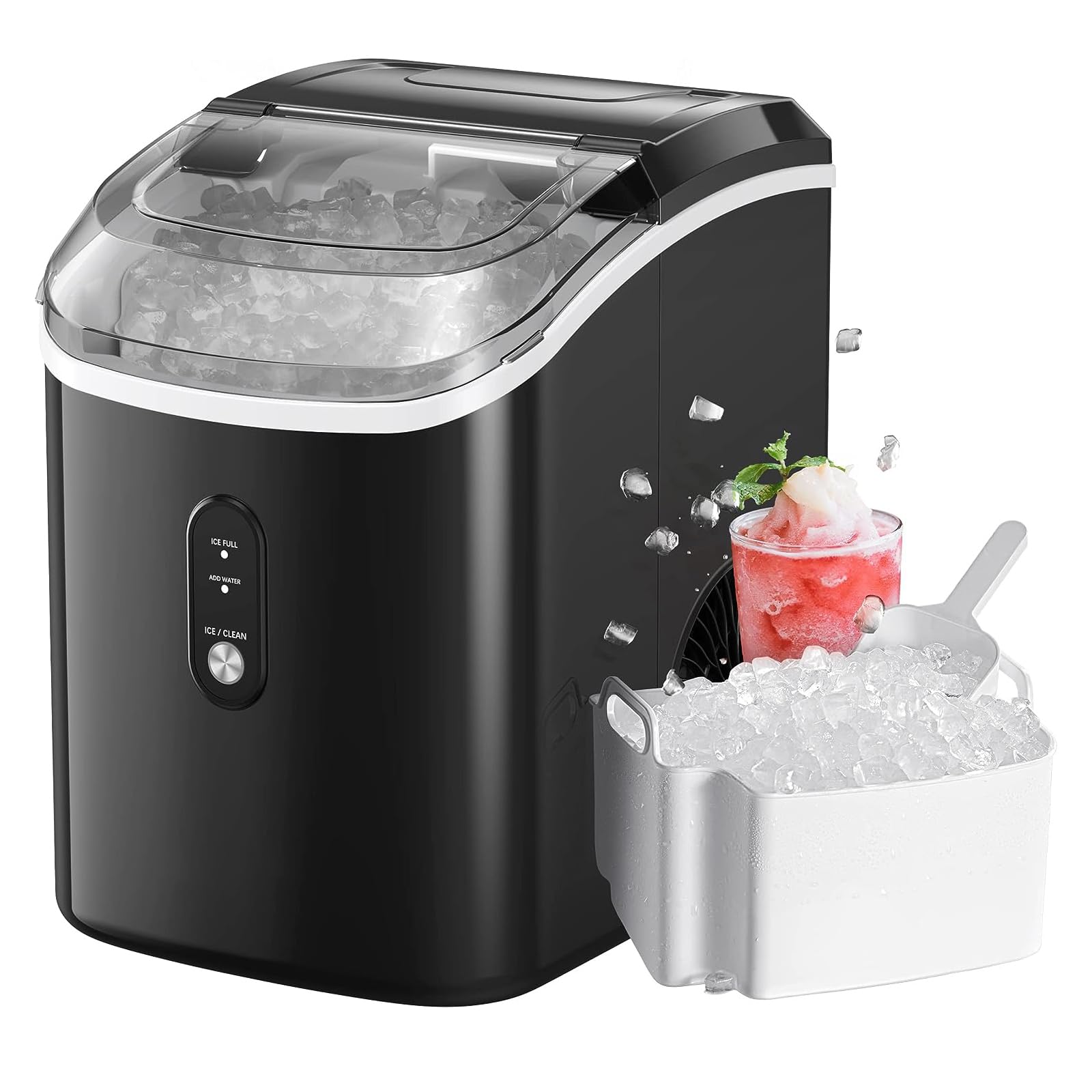 Cobuy Nugget Ice Maker Countertop, Chewable Pellet Ice Machine with Self-Cleaning Function, 15kg/Day, Portable Ice Makers for Home, Kitchen, Office, Black - Black