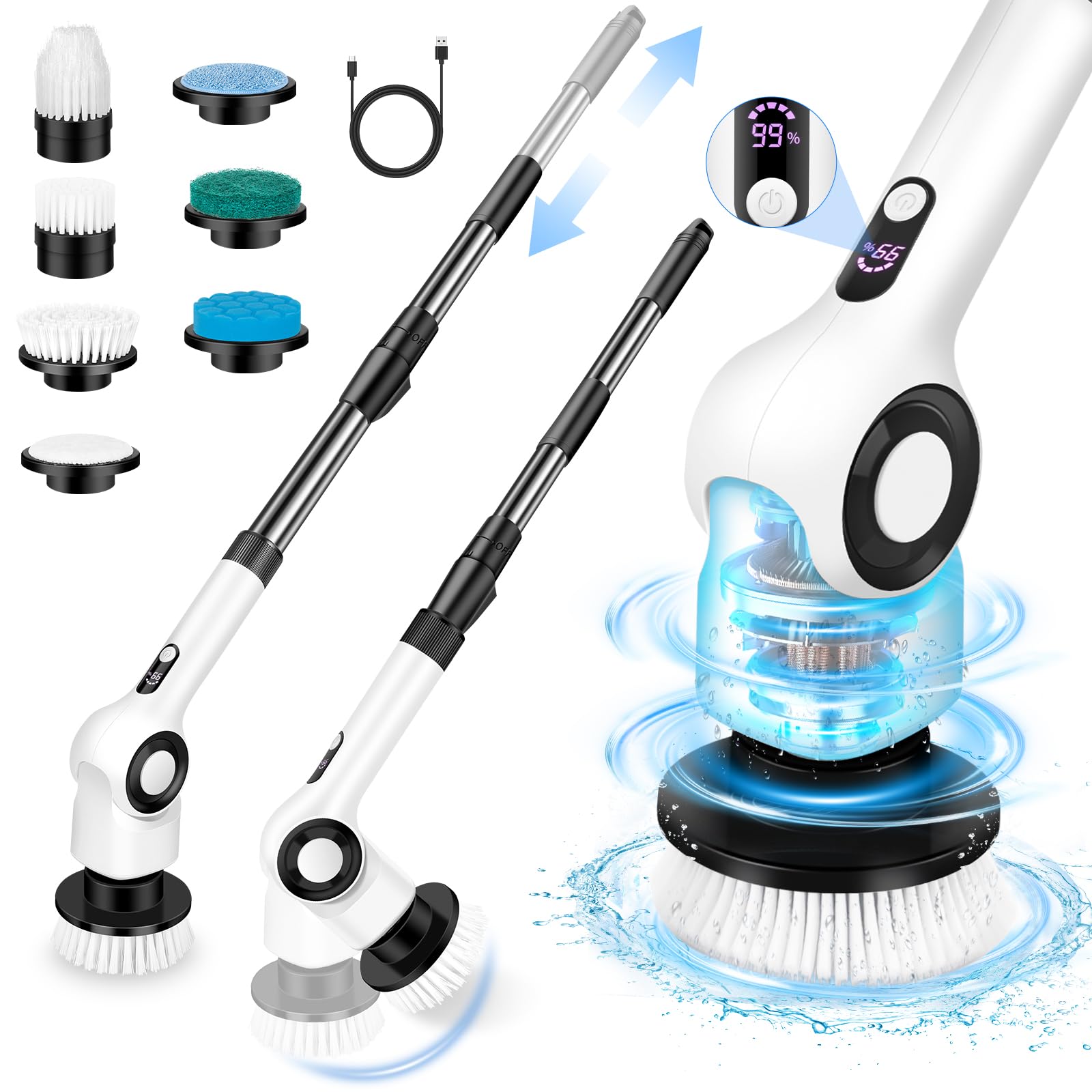 Electric Spin Scrubber Cordless Shower Scrubber with 7 Scrub Brushes 3 Speeds Adjustable Extension Handle IPX7 Waterproof Power