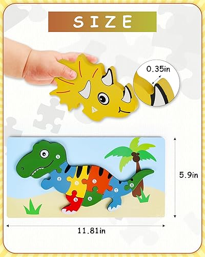 Miniatura 5 de Rompecabezas de madera para niños pequeños de 1 a 3 años, rompecabezas Montessori para 1, 2, 3, 4 años, rompecabezas coloridos de dinosaurio de