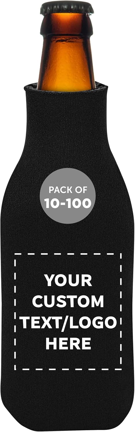 Custom Zipper Beer Bottle Insulators Set of 10,50 or 100, Personalized Bulk Pack - Keeps Your Drink Cooler, Great for Beer, Soda, Other Beverages - Black