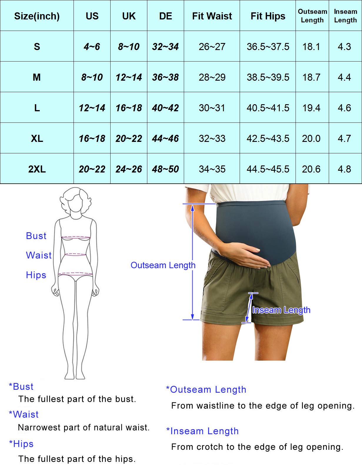 Maacie Short de maternité en coton confortable avec poches sur le ventre