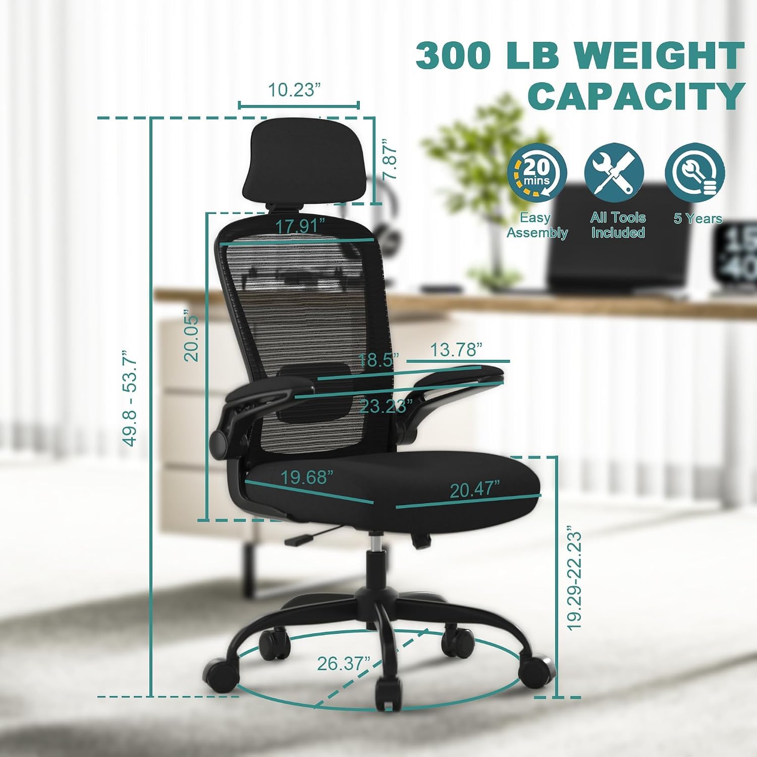 Silla de oficina, silla de escritorio ergonómica de respaldo alto con soporte lumbar ajustable y reposacabezas, con reposabrazos abatibles para tocar la guitarra, moderna, negro (marco negro)